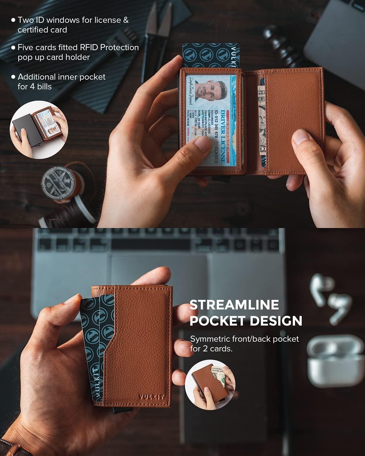 image:imageVULKIT Card Holder Wallet with Double ID Windows RFID Blocking Pop Up Wallet Minimalist Design for 12 CardsBrown