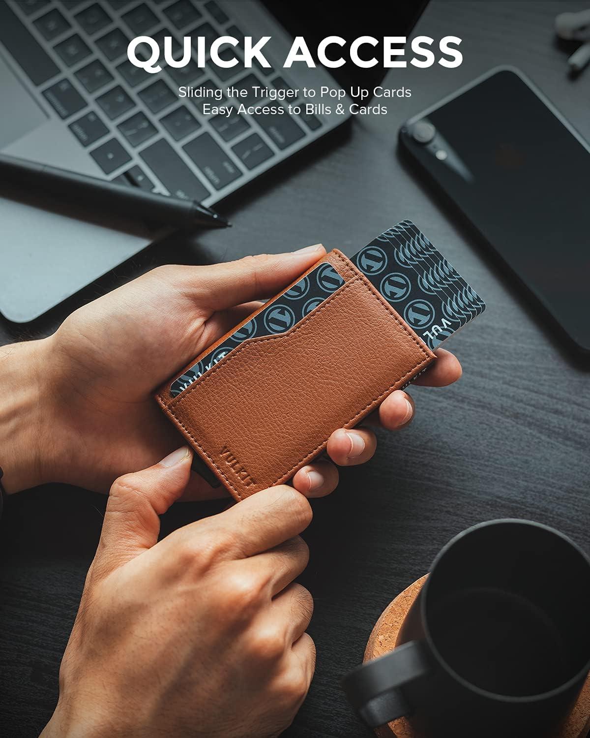 image:imageVULKIT Card Holder Wallet with Double ID Windows RFID Blocking Pop Up Wallet Minimalist Design for 12 CardsBrown