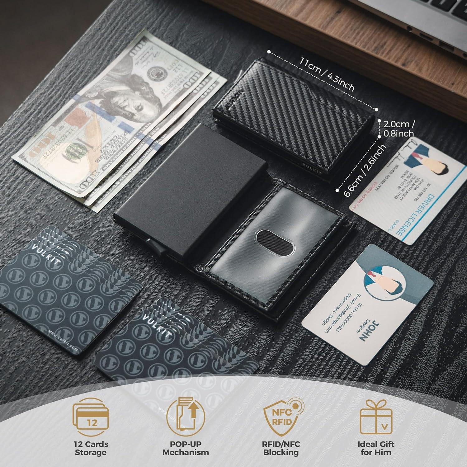 image:imageVULKIT Card Holder Wallet with Double ID Windows RFID Blocking Pop Up Wallet Minimalist Design for 12 CardsCF Black