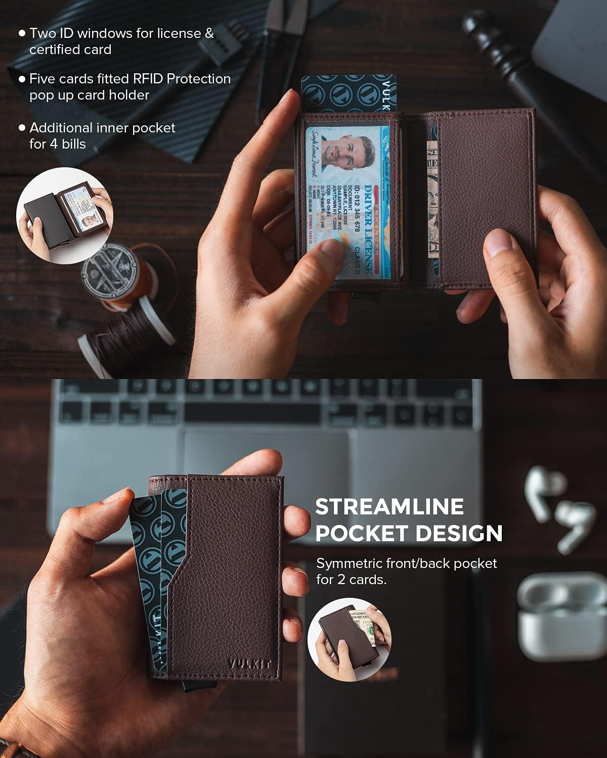 image:imageVULKIT Card Holder Wallet with Double ID Windows RFID Blocking Pop Up Wallet Minimalist Design for 12 CardsDark Brown