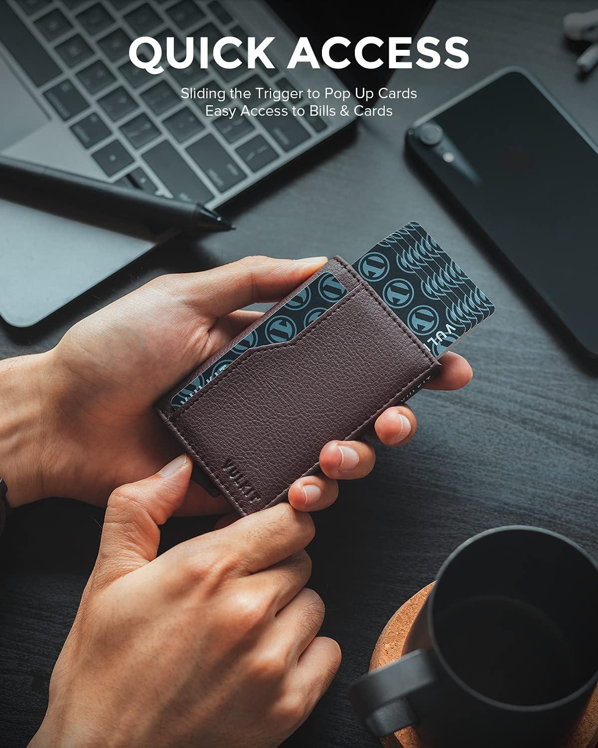 image:imageVULKIT Card Holder Wallet with Double ID Windows RFID Blocking Pop Up Wallet Minimalist Design for 12 CardsDark Brown