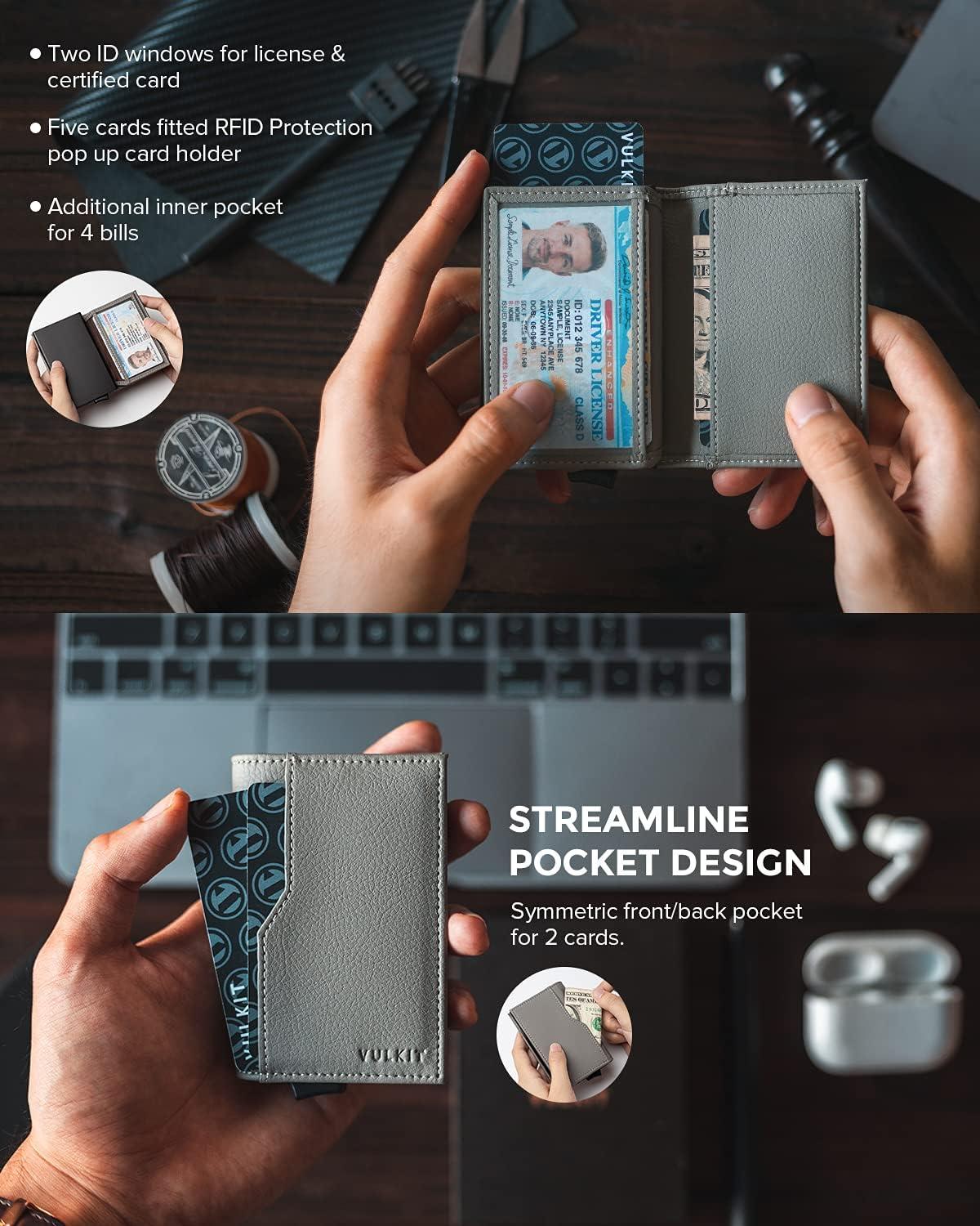 image:imageVULKIT Card Holder Wallet with Double ID Windows RFID Blocking Pop Up Wallet Minimalist Design for 12 CardsIron Grey