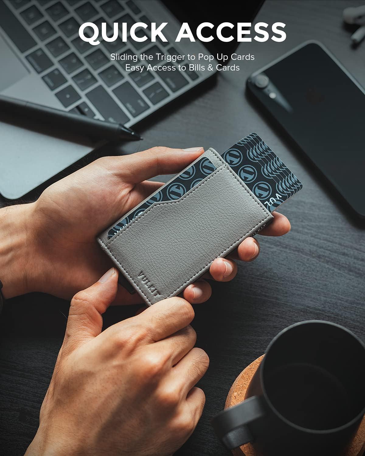image:imageVULKIT Card Holder Wallet with Double ID Windows RFID Blocking Pop Up Wallet Minimalist Design for 12 CardsIron Grey