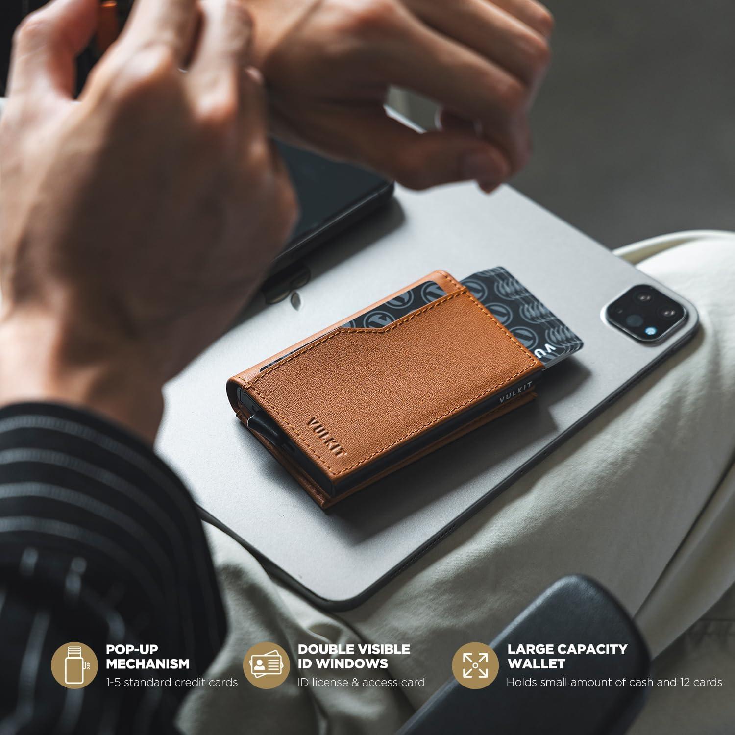 image:imageVULKIT Card Holder Wallet with Double ID Windows RFID Blocking Pop Up Wallet Minimalist Design for 12 CardsNappa Brown