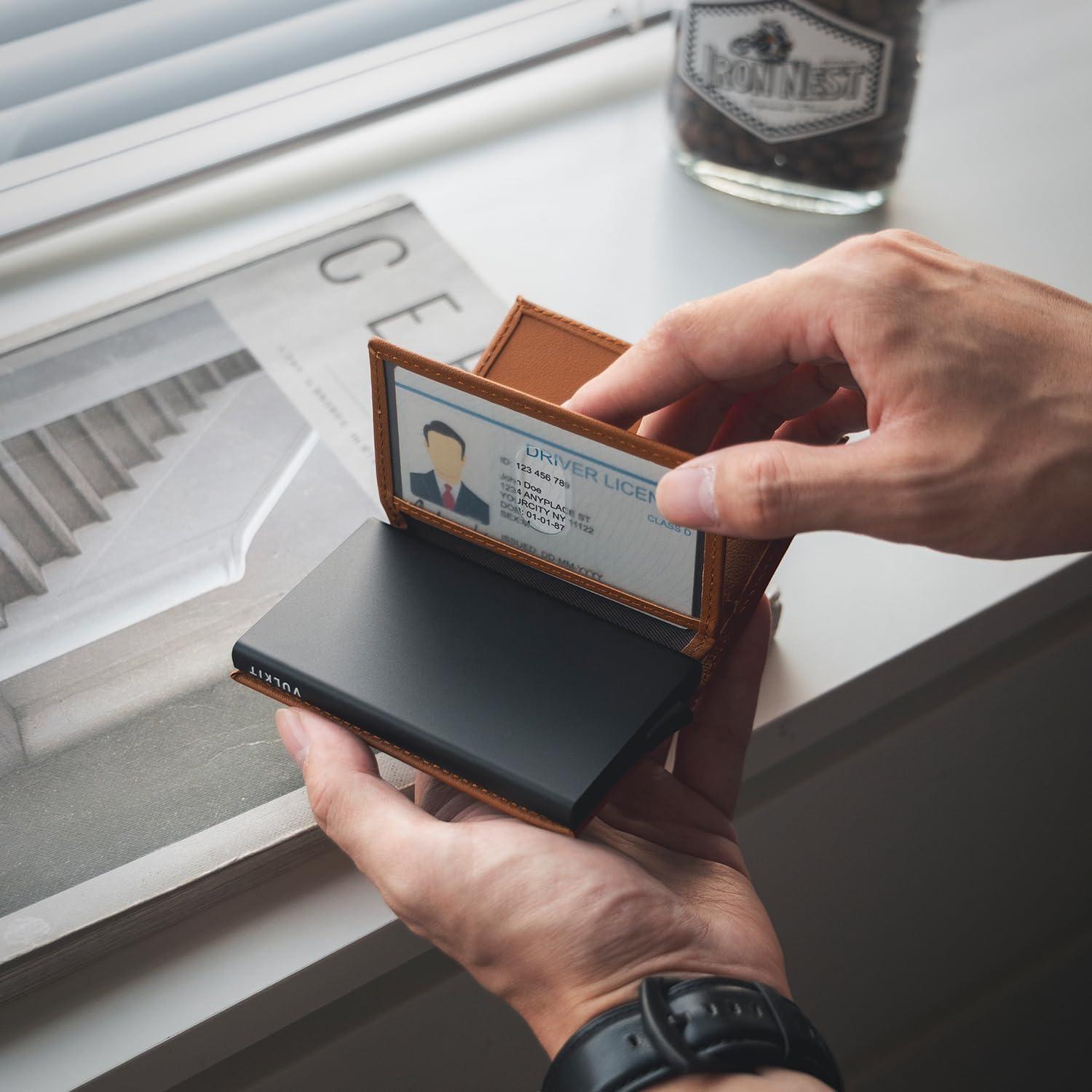 image:imageVULKIT Card Holder Wallet with Double ID Windows RFID Blocking Pop Up Wallet Minimalist Design for 12 CardsNappa Brown