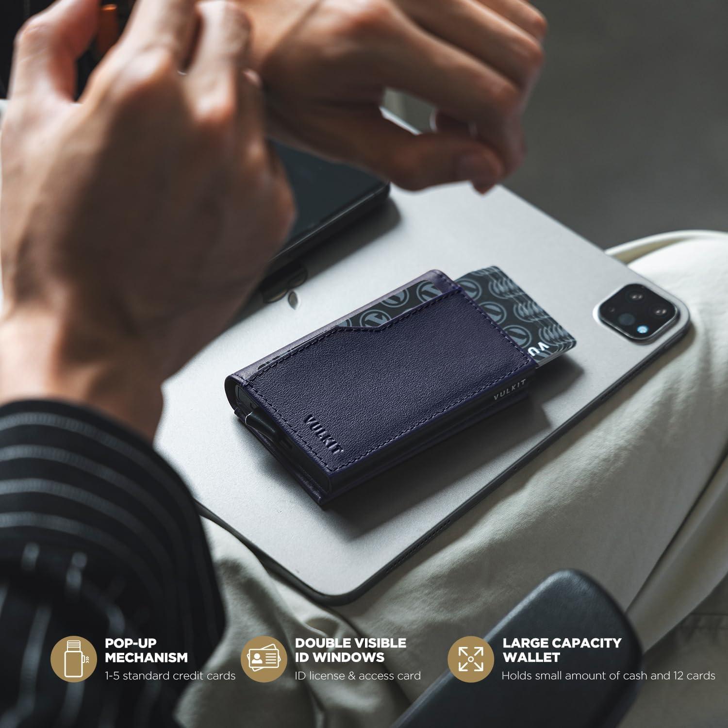 image:imageVULKIT Card Holder Wallet with Double ID Windows RFID Blocking Pop Up Wallet Minimalist Design for 12 CardsNappa Navy