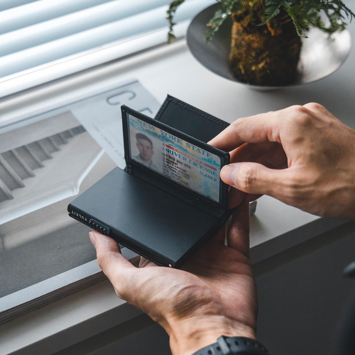 image:imageVULKIT Card Holder Wallet with Double ID Windows RFID Blocking Pop Up Wallet Minimalist Design for 12 CardsTop Grain Cowhide Black