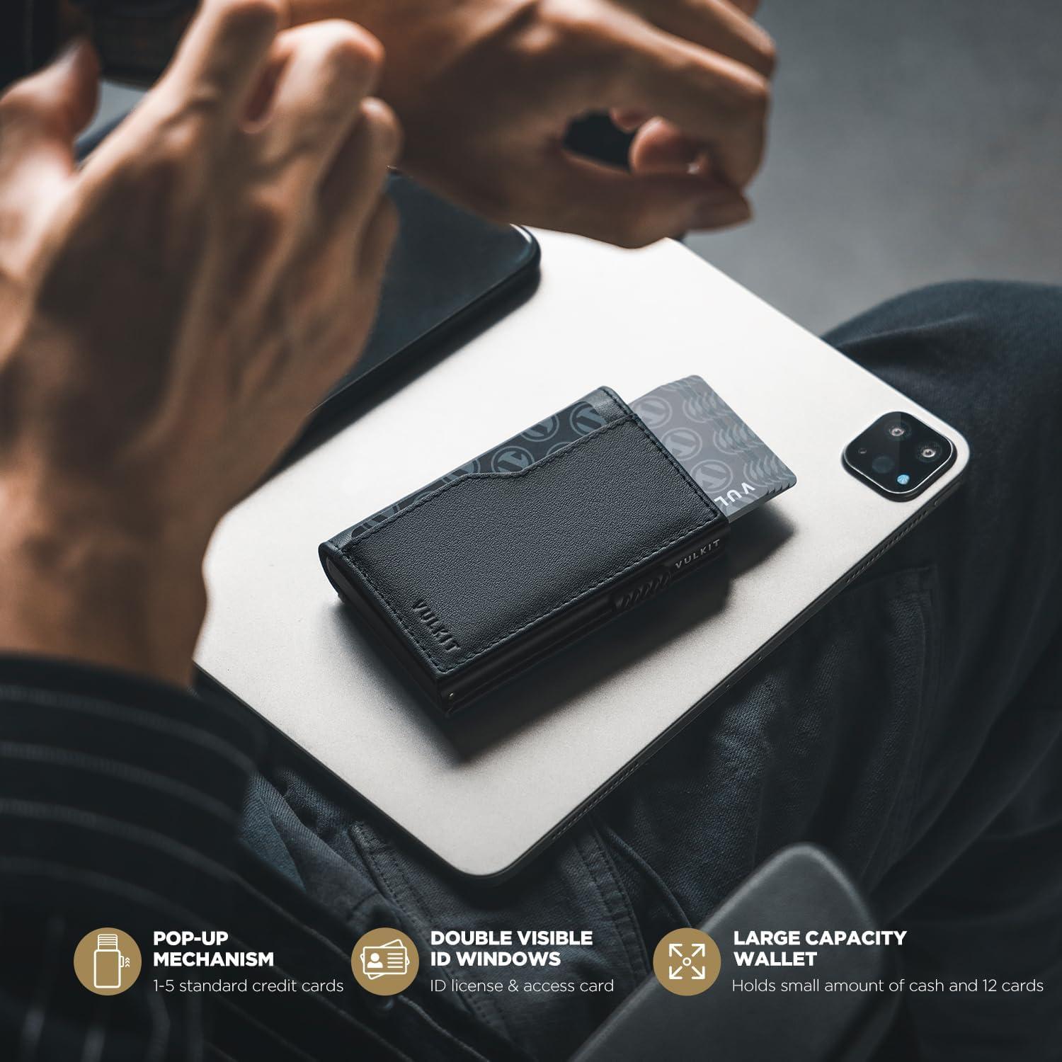image:imageVULKIT Card Holder Wallet with Double ID Windows RFID Blocking Pop Up Wallet Minimalist Design for 12 CardsTop Grain Cowhide Black