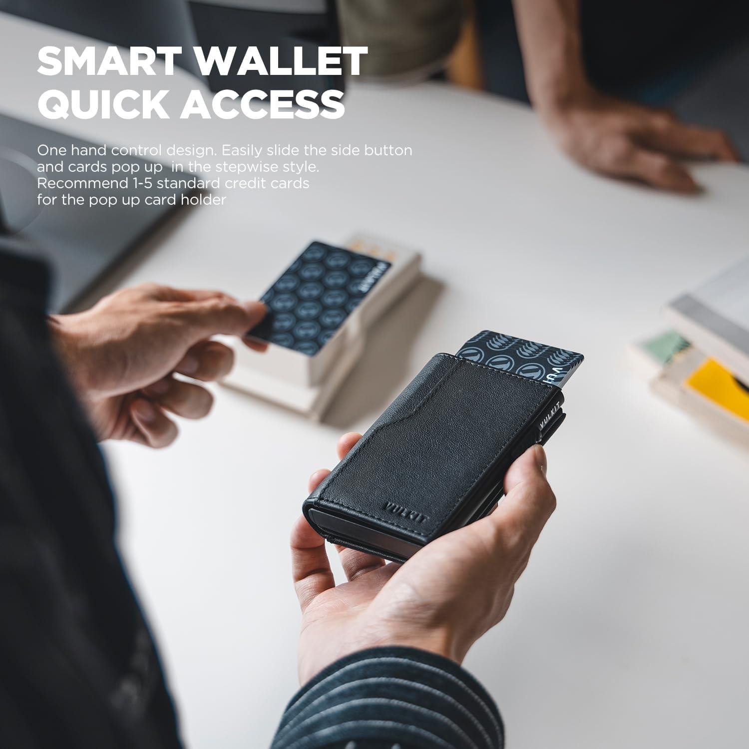 image:imageVULKIT Card Holder Wallet with Double ID Windows RFID Blocking Pop Up Wallet Minimalist Design for 12 CardsTop Grain Cowhide Black