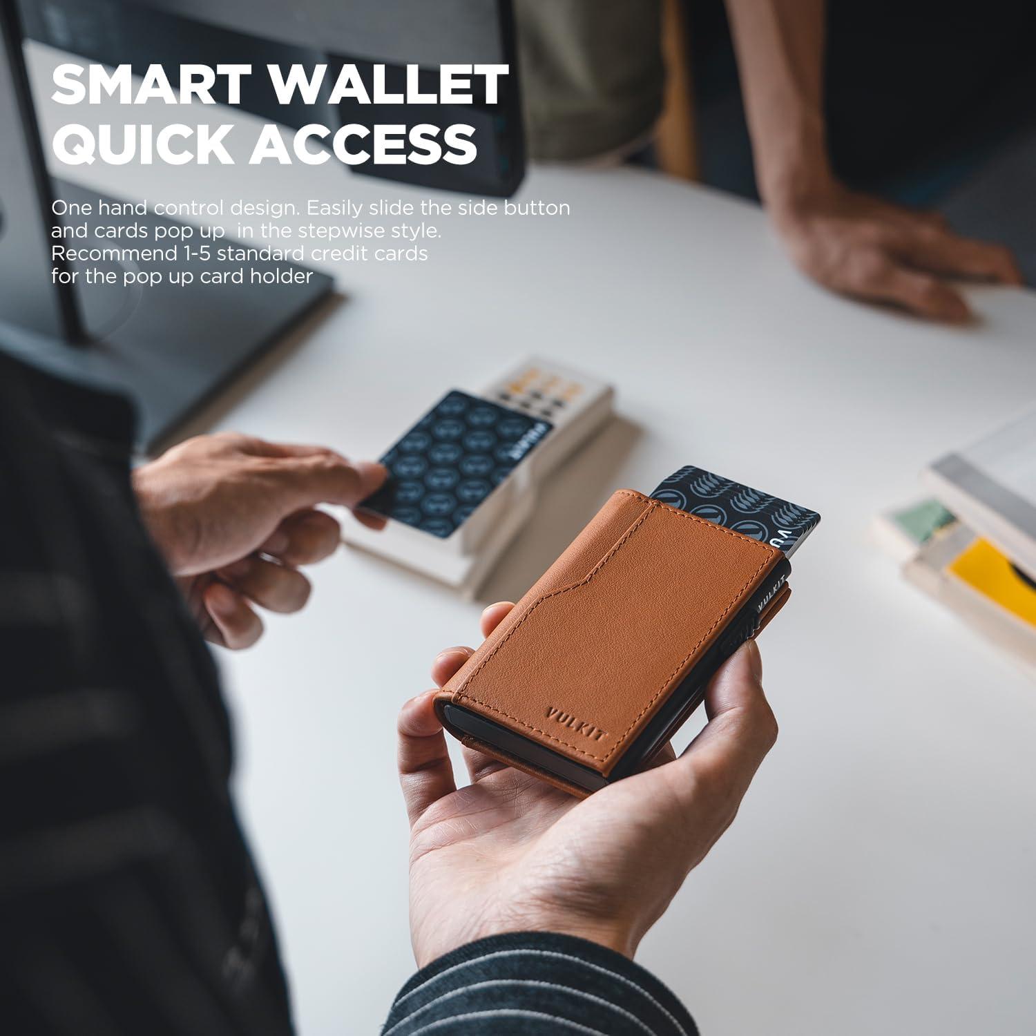 image:imageVULKIT Card Holder Wallet with Double ID Windows RFID Blocking Pop Up Wallet Minimalist Design for 12 CardsTop Grain Cowhide Brown
