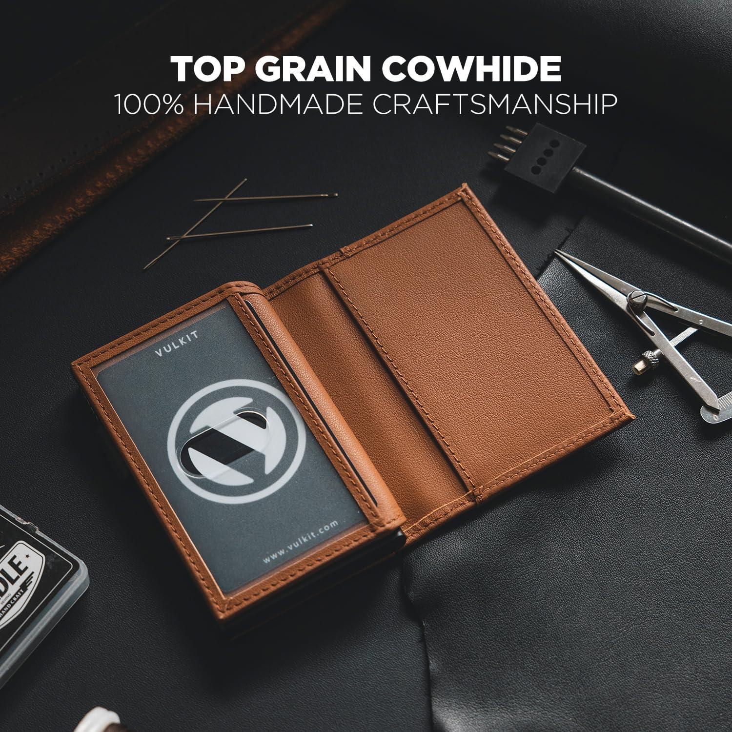 image:imageVULKIT Card Holder Wallet with Double ID Windows RFID Blocking Pop Up Wallet Minimalist Design for 12 CardsTop Grain Cowhide Brown