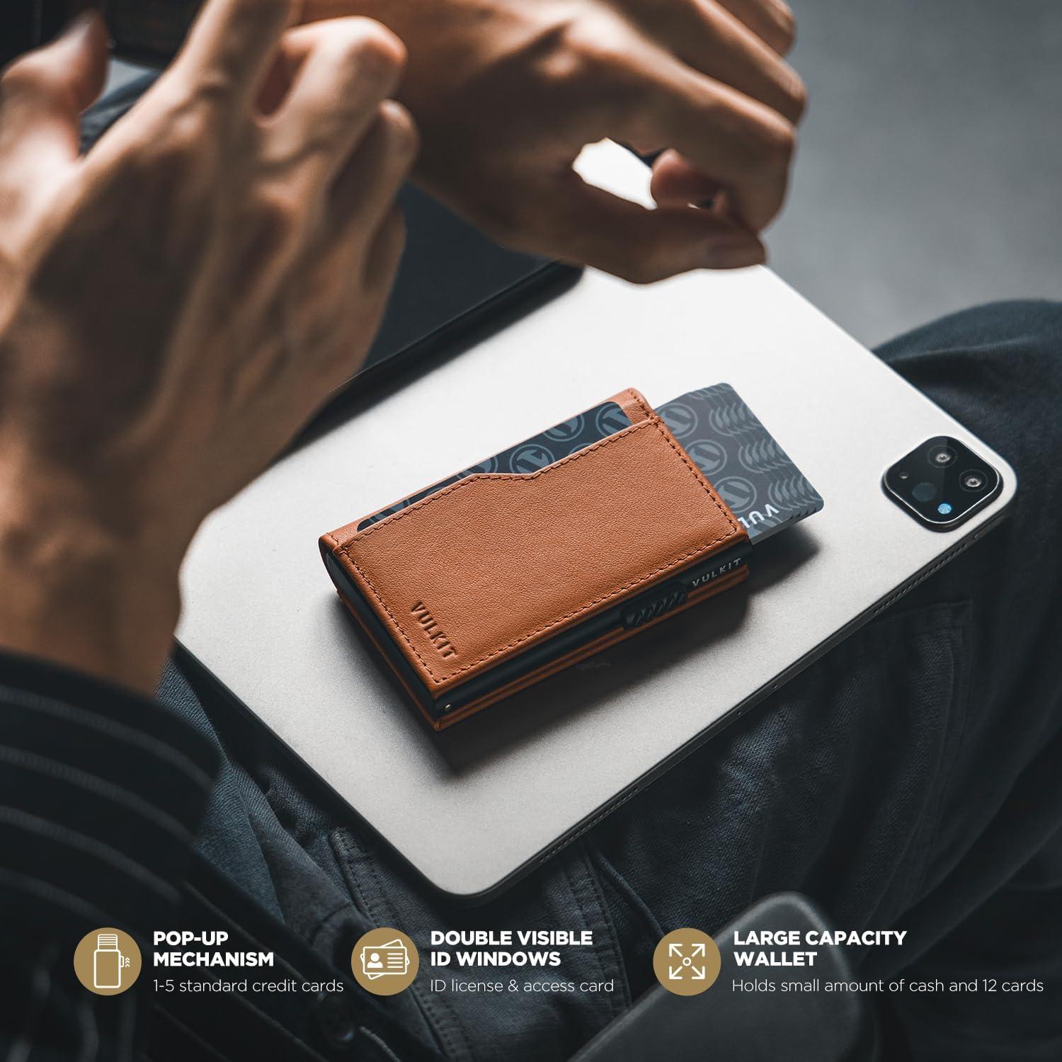 image:imageVULKIT Card Holder Wallet with Double ID Windows RFID Blocking Pop Up Wallet Minimalist Design for 12 CardsTop Grain Cowhide Brown