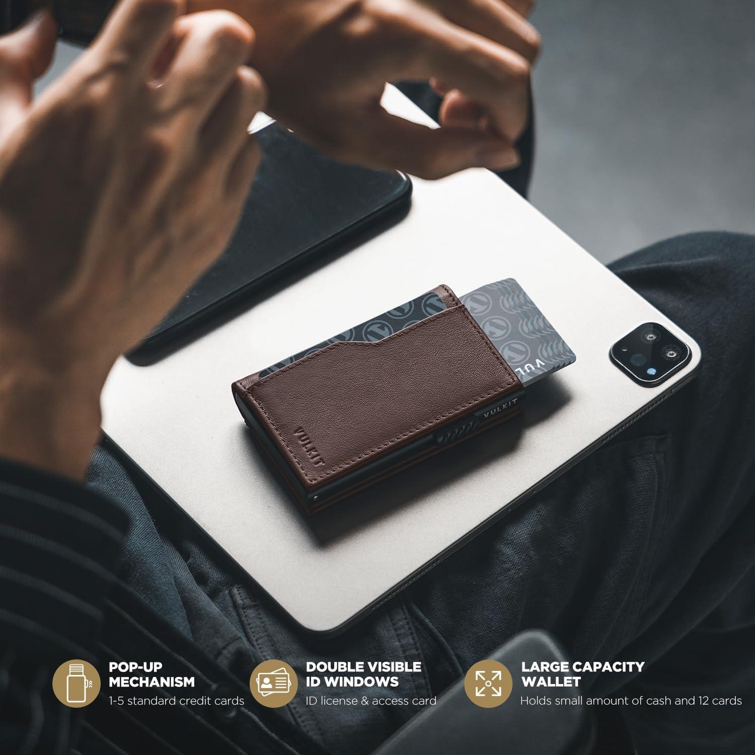 image:imageVULKIT Card Holder Wallet with Double ID Windows RFID Blocking Pop Up Wallet Minimalist Design for 12 CardsTop Grain Cowhide Espresso