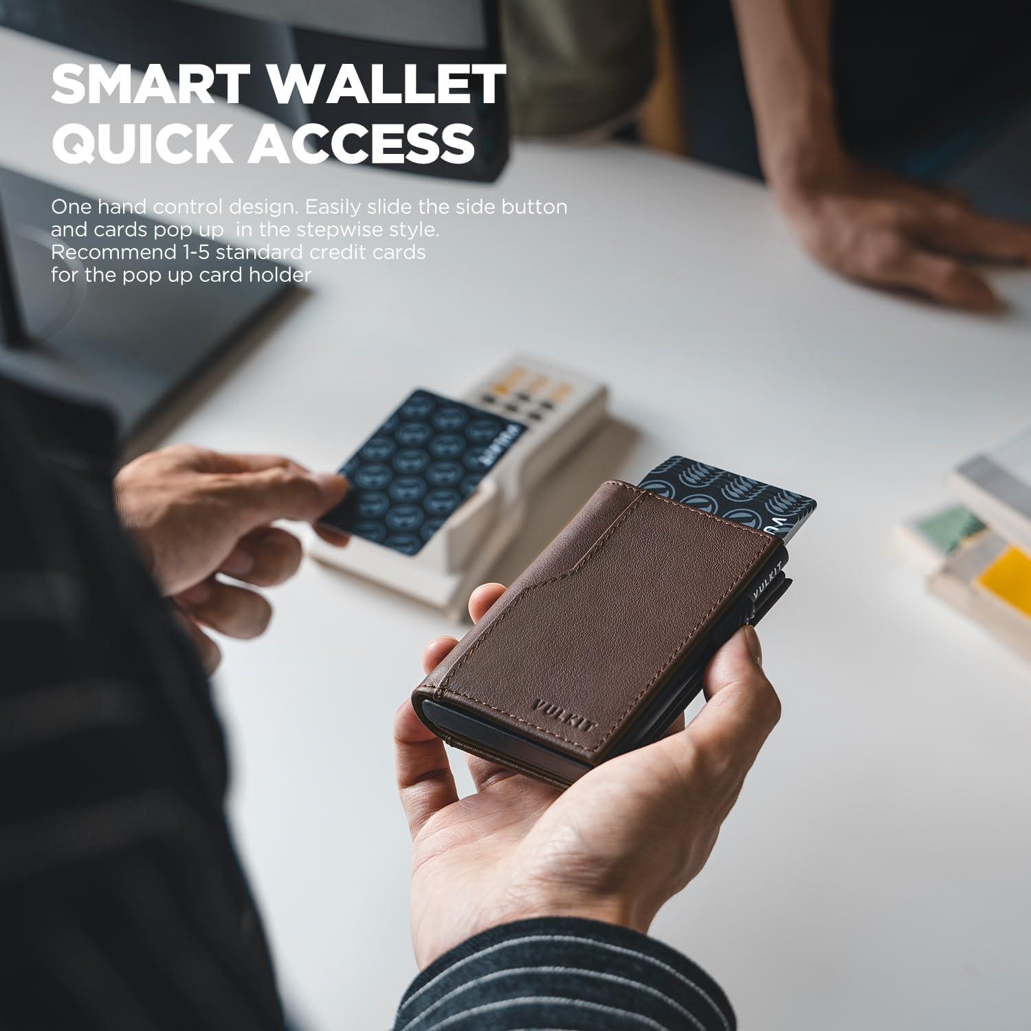 image:imageVULKIT Card Holder Wallet with Double ID Windows RFID Blocking Pop Up Wallet Minimalist Design for 12 CardsTop Grain Cowhide Espresso
