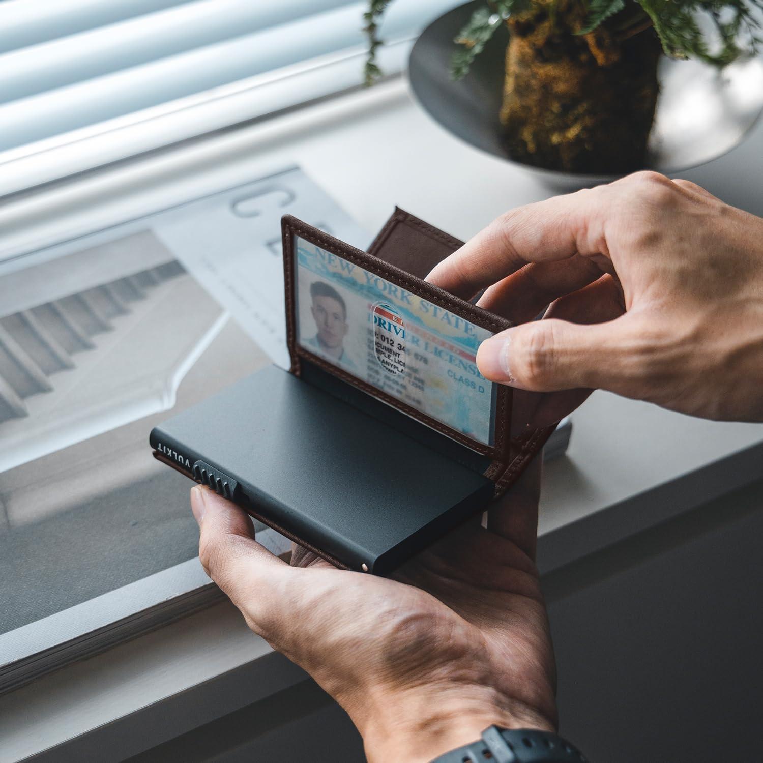 image:imageVULKIT Card Holder Wallet with Double ID Windows RFID Blocking Pop Up Wallet Minimalist Design for 12 CardsTop Grain Cowhide Espresso