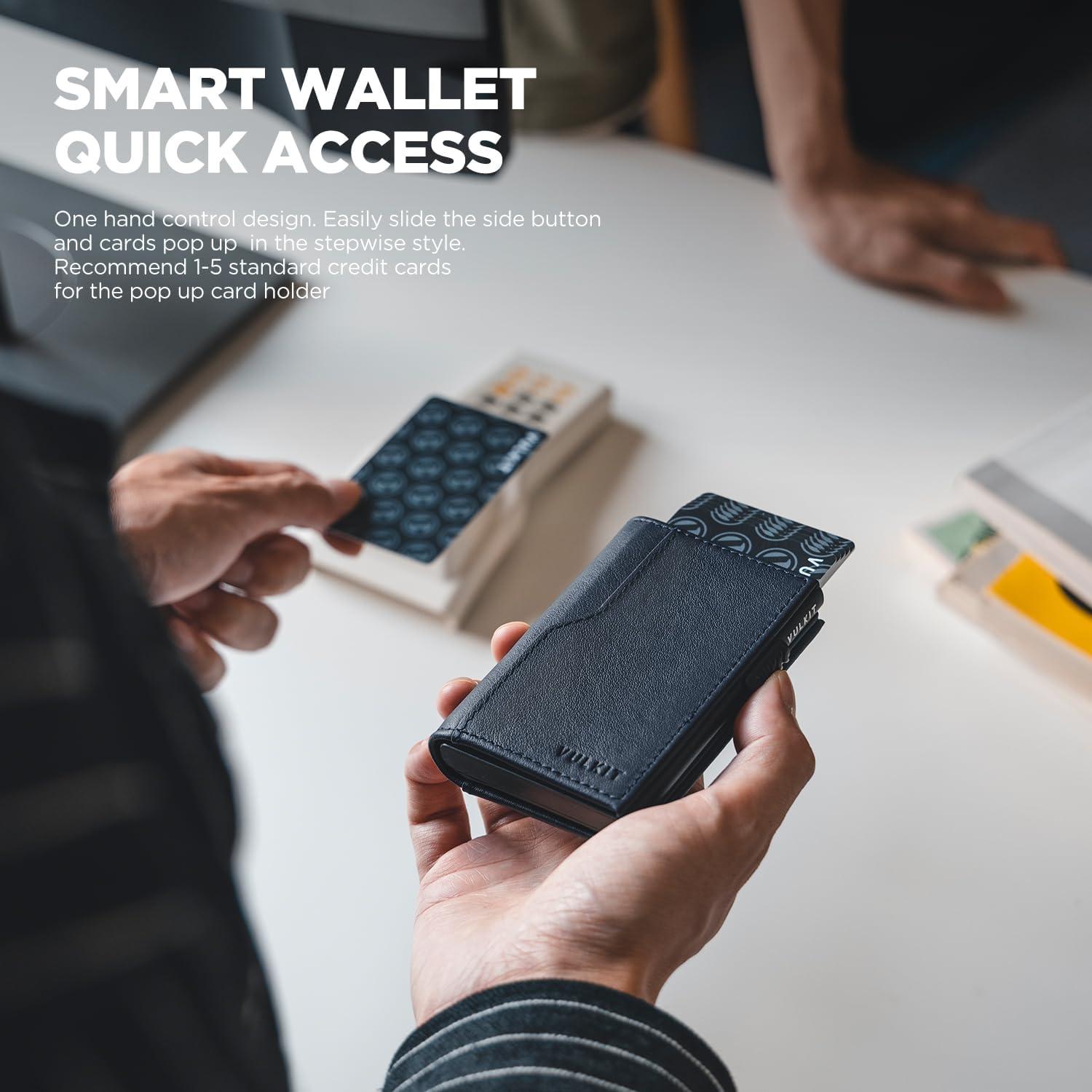 image:imageVULKIT Card Holder Wallet with Double ID Windows RFID Blocking Pop Up Wallet Minimalist Design for 12 CardsTop Grain Cowhide Navy
