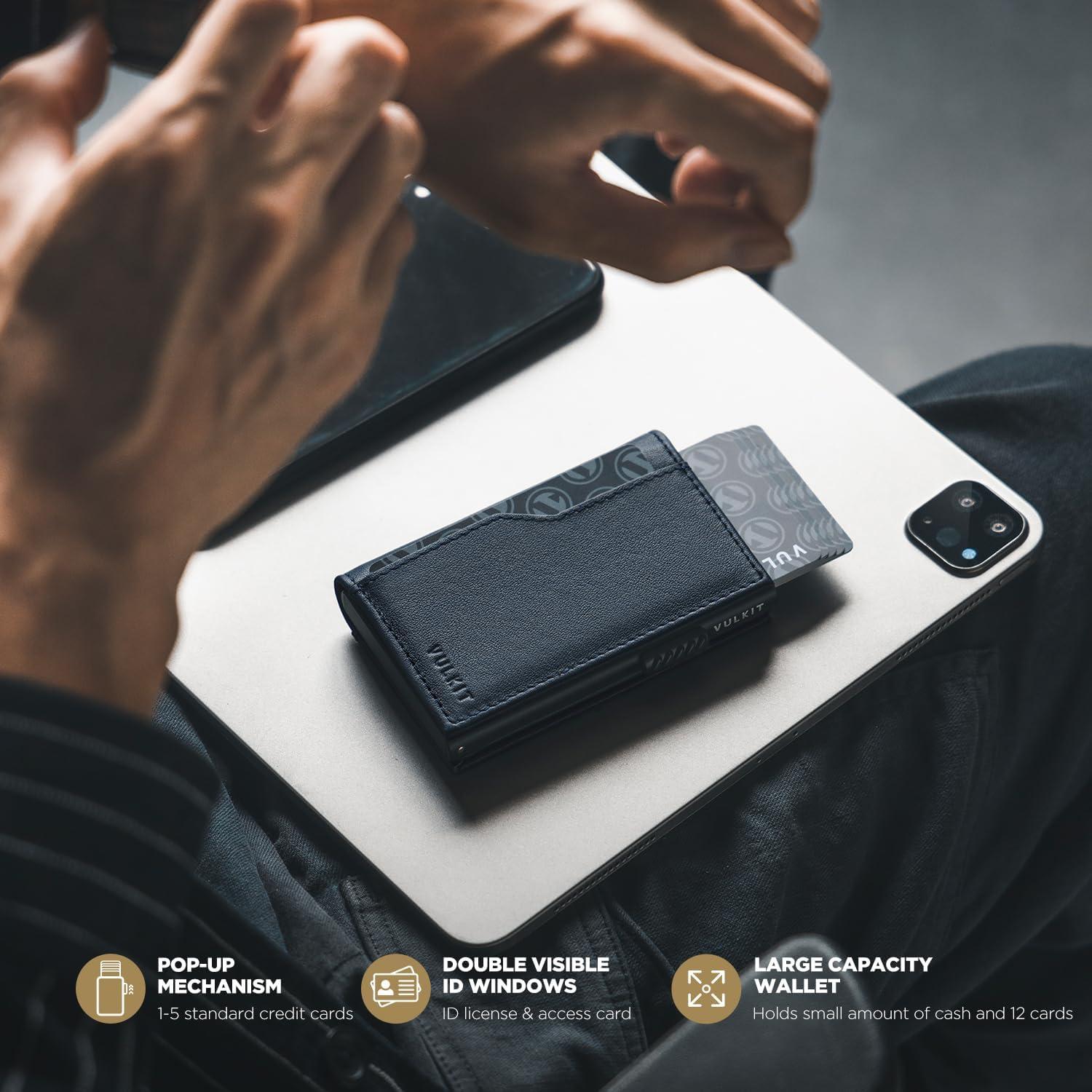 image:imageVULKIT Card Holder Wallet with Double ID Windows RFID Blocking Pop Up Wallet Minimalist Design for 12 CardsTop Grain Cowhide Navy