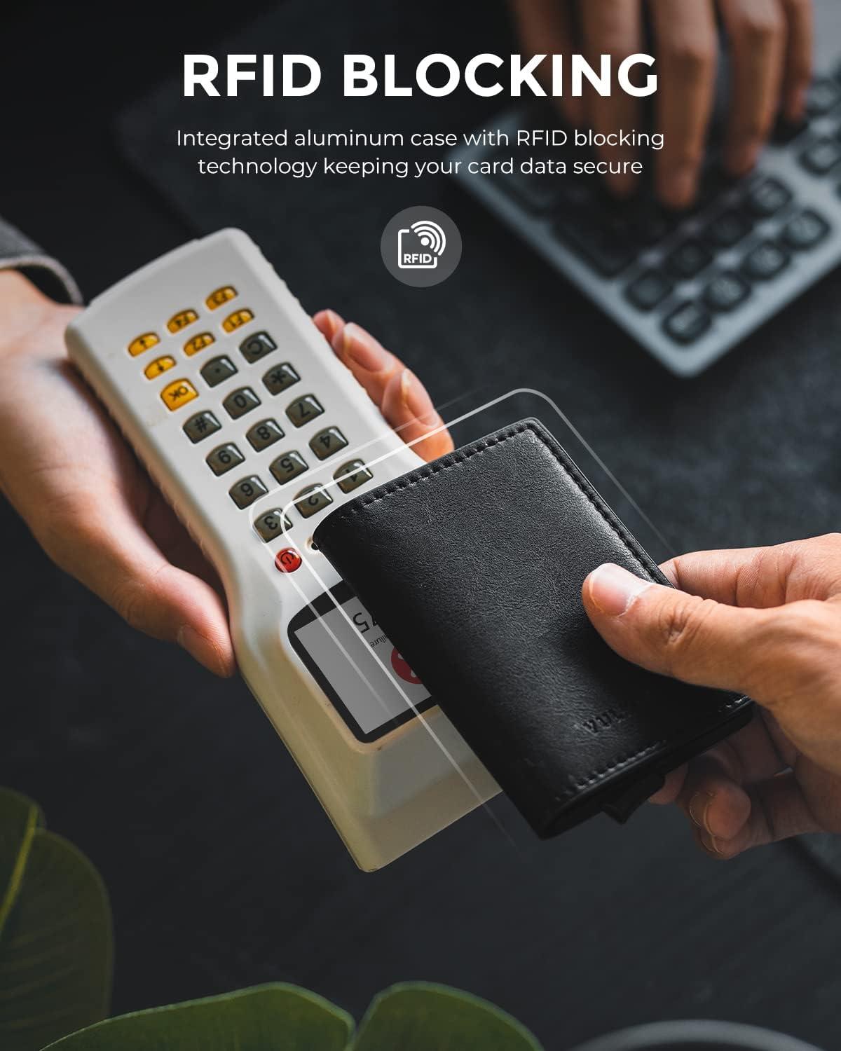 image:imageVULKIT Credit Card Holder RFID Blocking Leather Automatic Pop Up Wallet Aluminum Slim Pocket Business Card Caseblack
