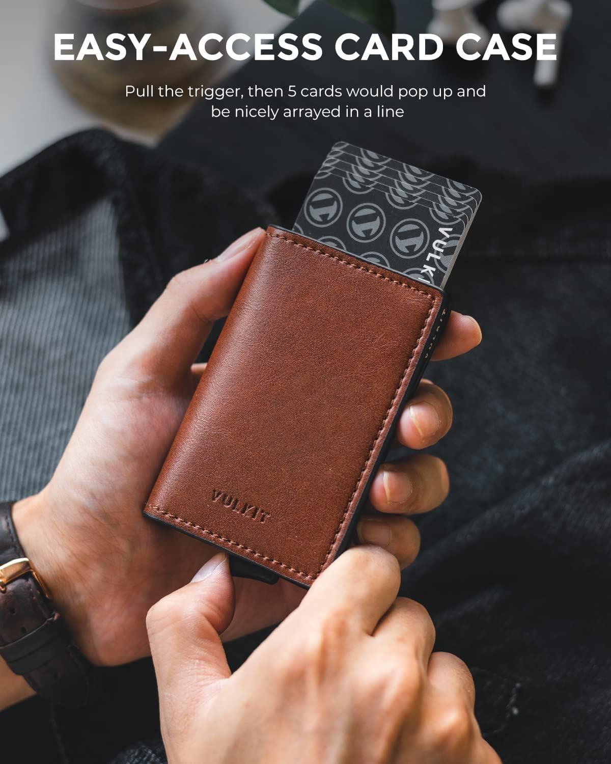 image:imageVULKIT Credit Card Holder RFID Blocking Leather Automatic Pop Up Wallet Aluminum Slim Pocket Business Card Casebrown