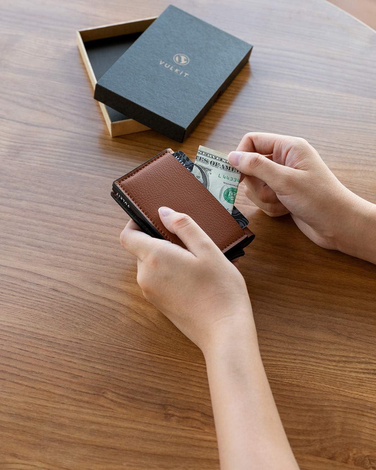 image:imageVULKIT Credit Card Holder RFID Blocking Leather Automatic Pop Up Wallet Aluminum Slim Pocket Business Card Casebrown