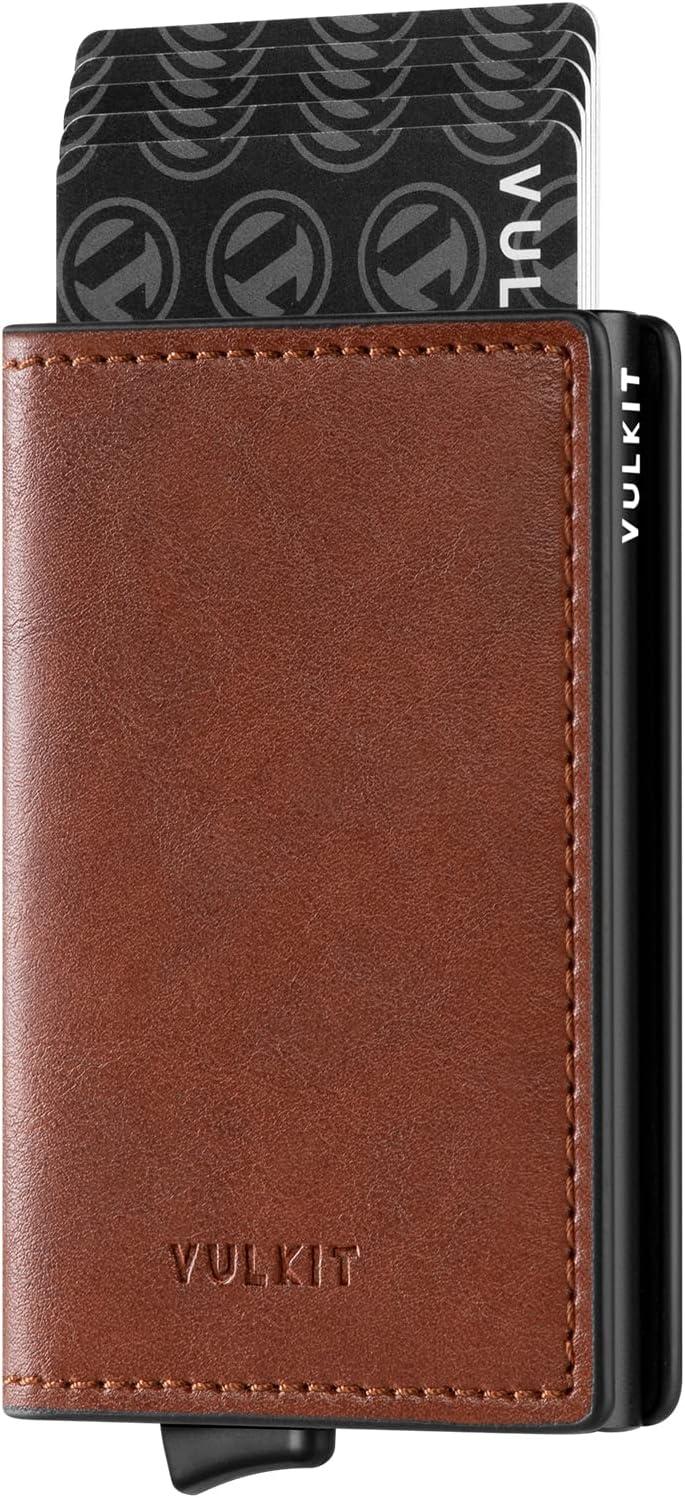 image:imageVULKIT Credit Card Holder RFID Blocking Leather Automatic Pop Up Wallet Aluminum Slim Pocket Business Card Casebrown