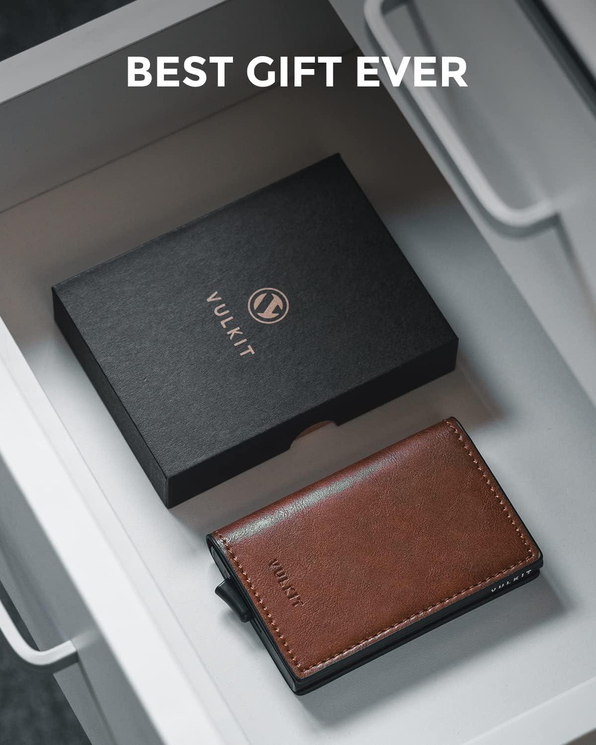 image:imageVULKIT Credit Card Holder RFID Blocking Leather Automatic Pop Up Wallet Aluminum Slim Pocket Business Card Casebrown