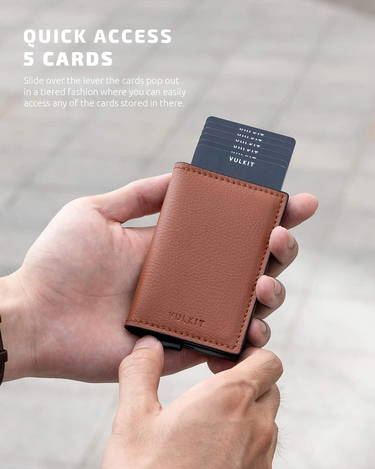 image:imageVULKIT Credit Card Holder RFID Blocking Leather Automatic Pop Up Wallet Aluminum Slim Pocket Business Card Casebrown