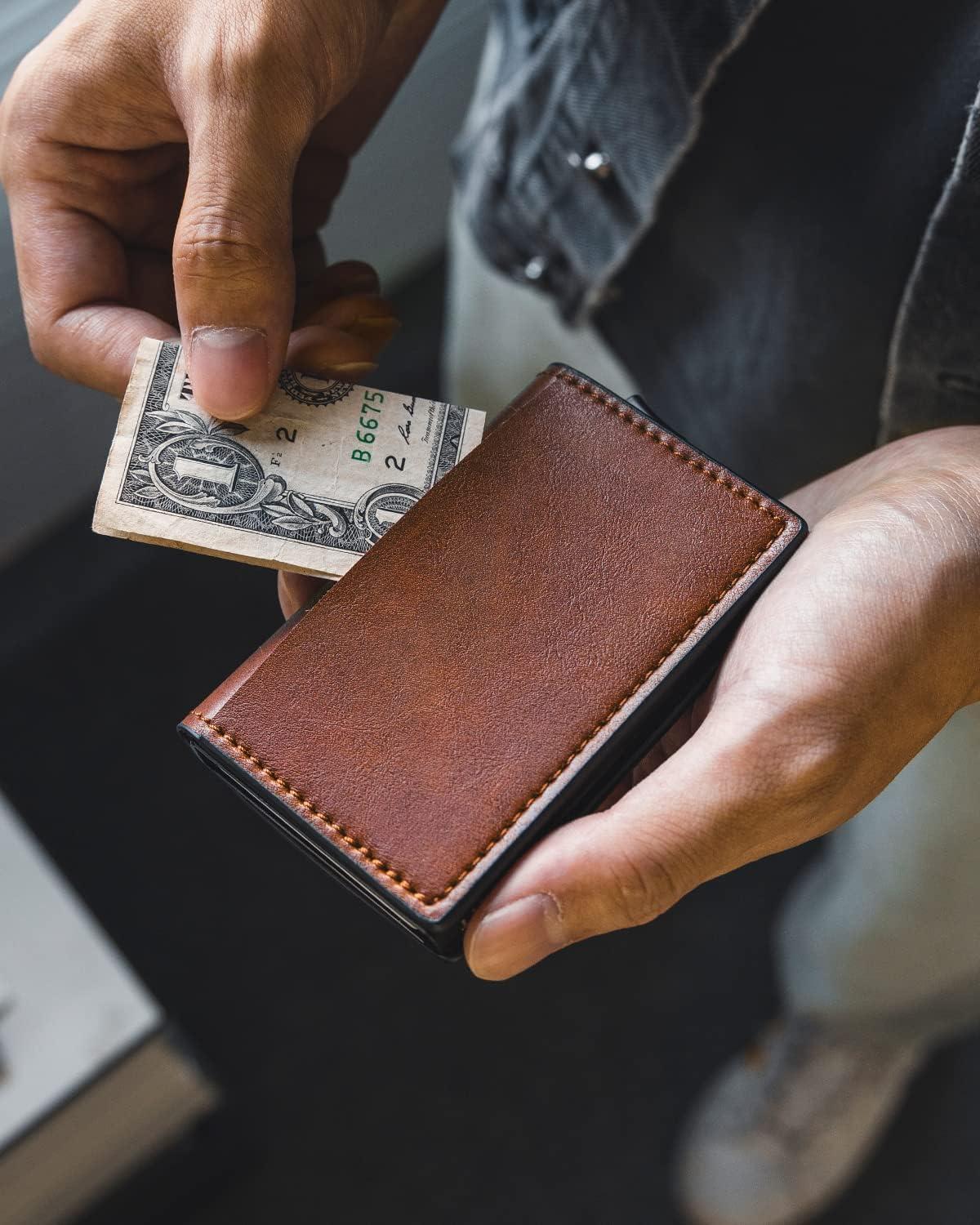 image:imageVULKIT Credit Card Holder RFID Blocking Leather Automatic Pop Up Wallet Aluminum Slim Pocket Business Card Casebrown