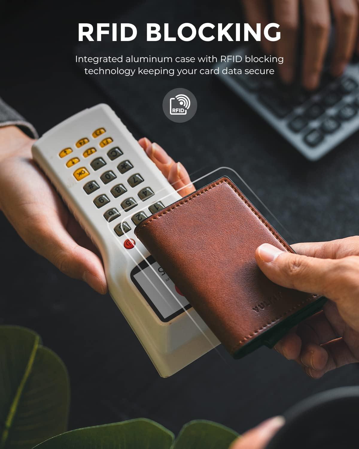 image:imageVULKIT Credit Card Holder RFID Blocking Leather Automatic Pop Up Wallet Aluminum Slim Pocket Business Card Casebrown