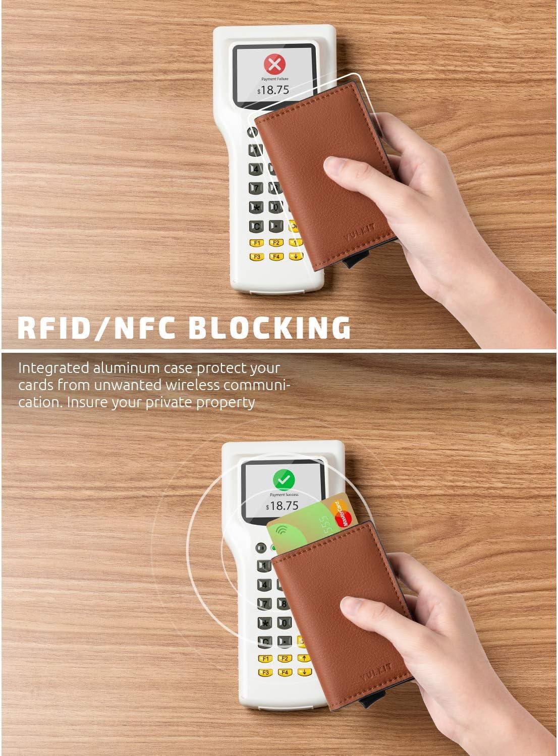 image:imageVULKIT Credit Card Holder RFID Blocking Leather Automatic Pop Up Wallet Aluminum Slim Pocket Business Card Casebrown