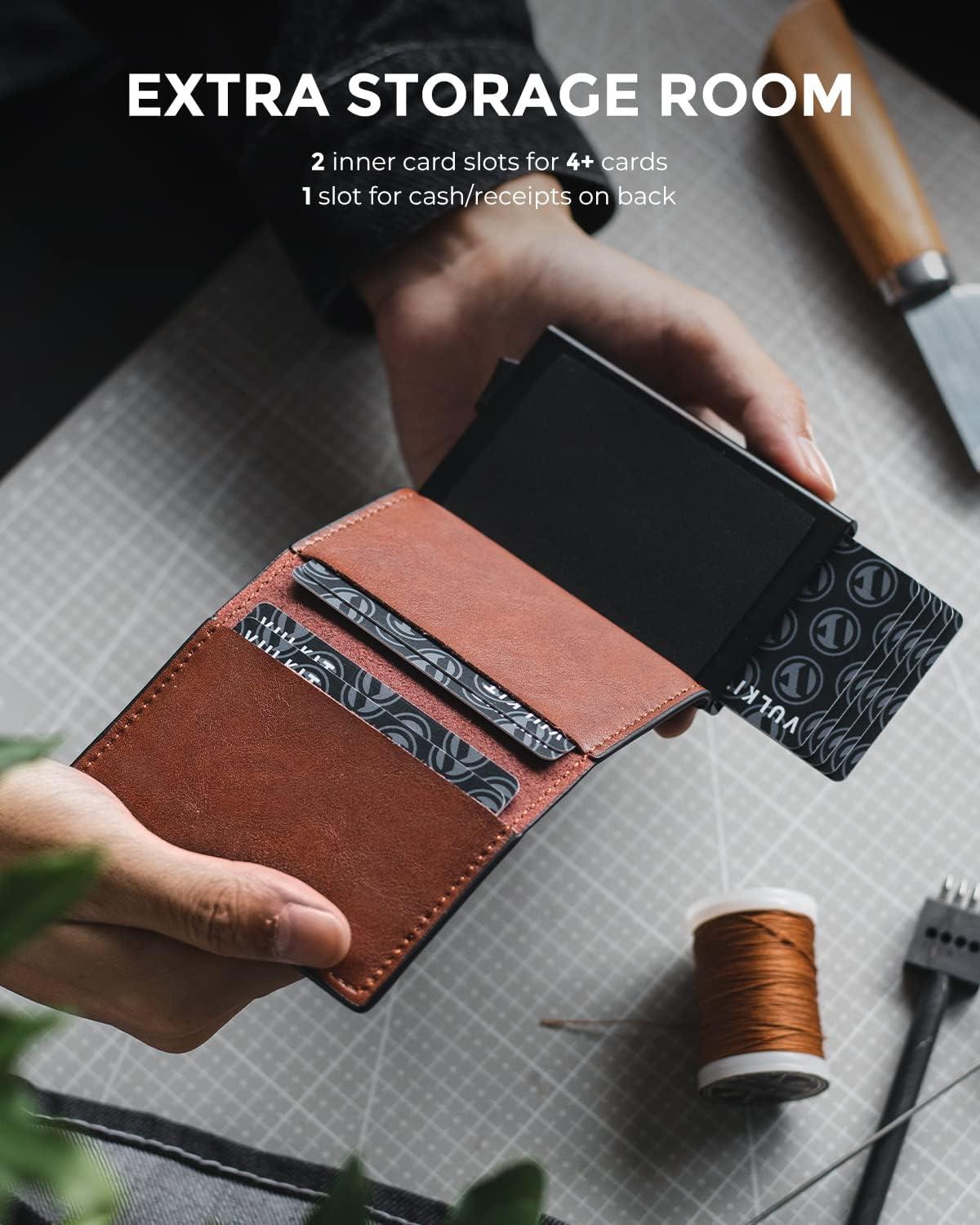 image:imageVULKIT Credit Card Holder RFID Blocking Leather Automatic Pop Up Wallet Aluminum Slim Pocket Business Card Casebrown