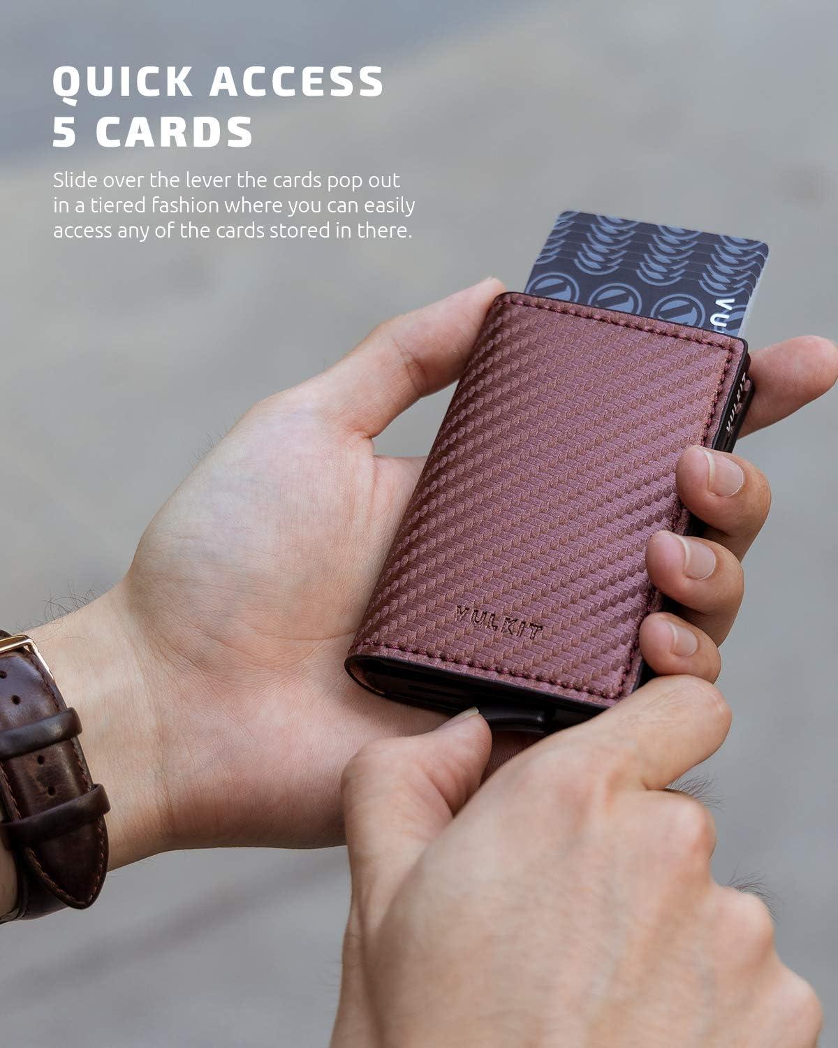 image:imageVULKIT Credit Card Holder RFID Blocking Leather Automatic Pop Up Wallet Aluminum Slim Pocket Business Card Casebrown