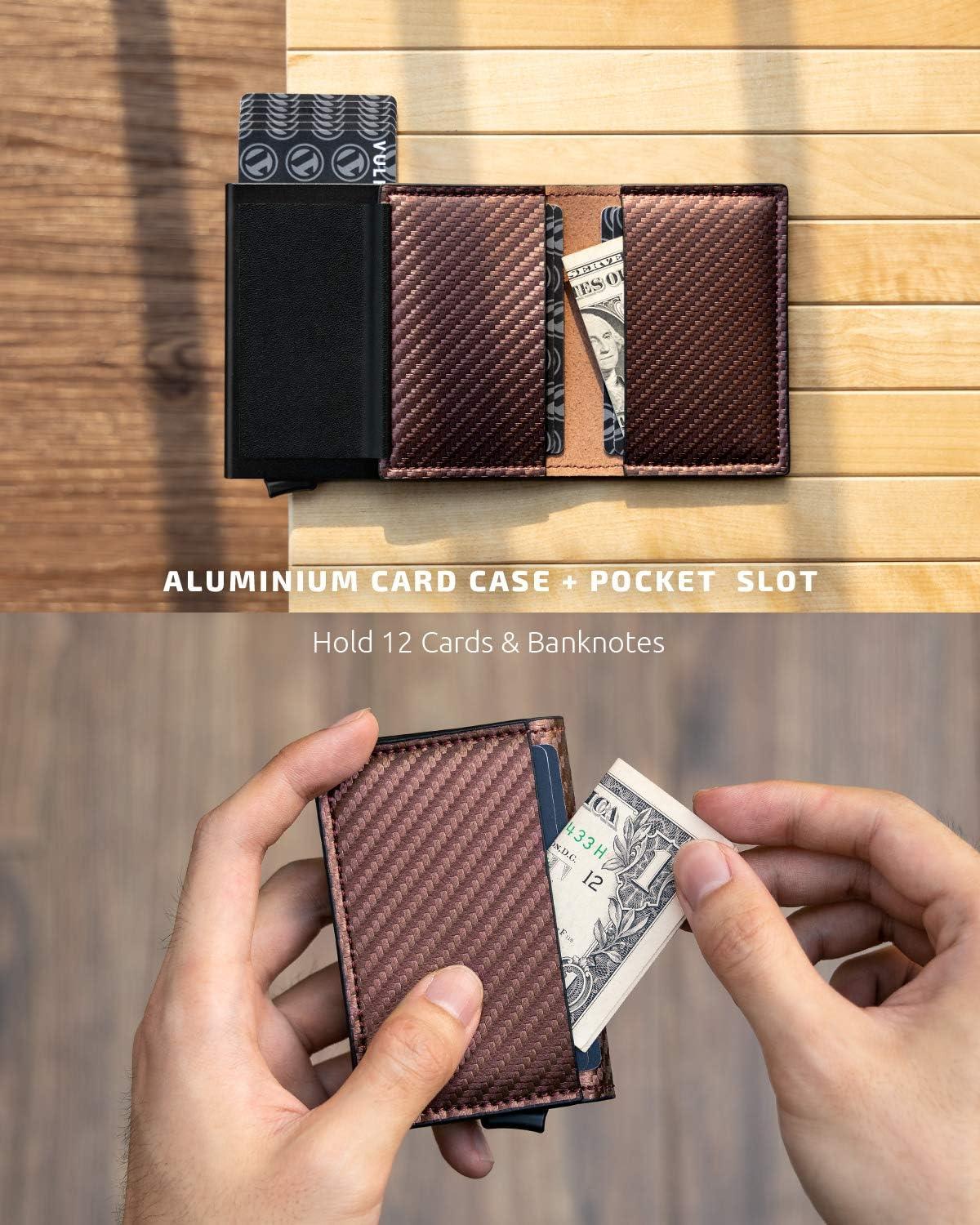 image:imageVULKIT Credit Card Holder RFID Blocking Leather Automatic Pop Up Wallet Aluminum Slim Pocket Business Card Casebrown