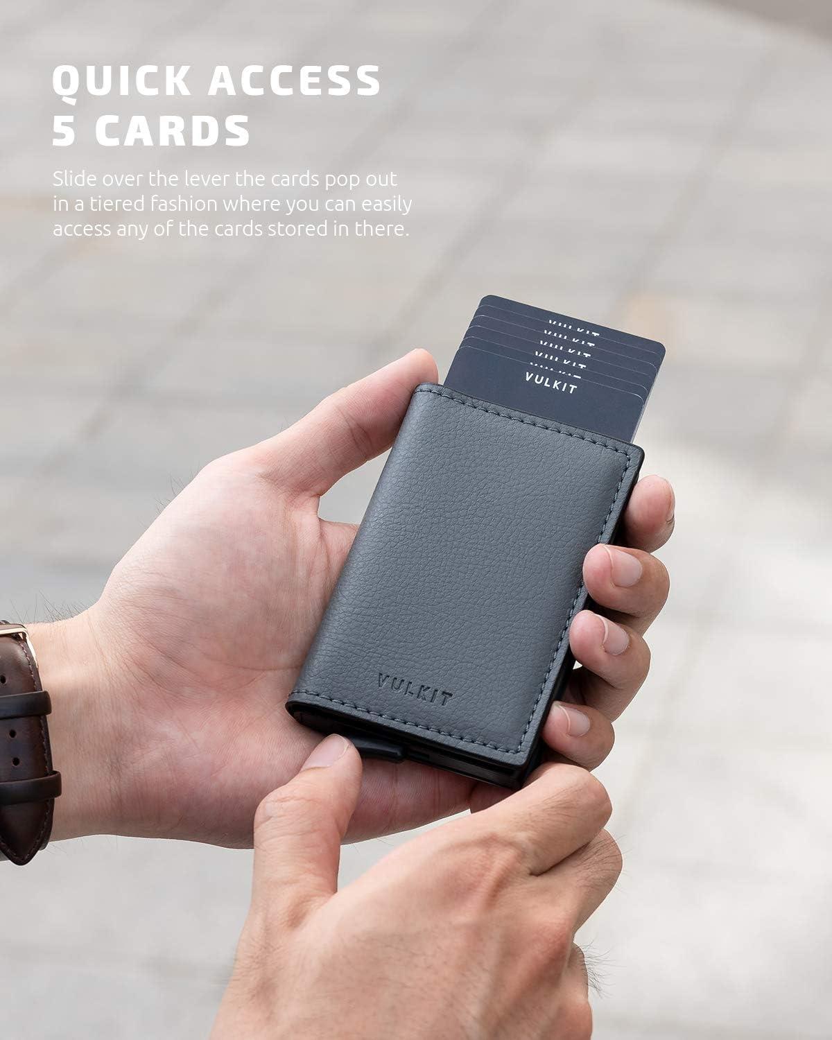 image:imageVULKIT Credit Card Holder RFID Blocking Leather Automatic Pop Up Wallet Aluminum Slim Pocket Business Card Caseiron grey