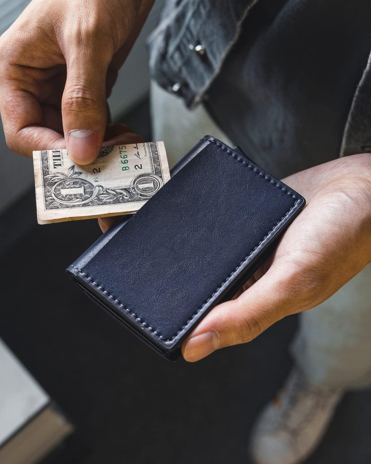 image:imageVULKIT Credit Card Holder RFID Blocking Leather Automatic Pop Up Wallet Aluminum Slim Pocket Business Card Casenavy