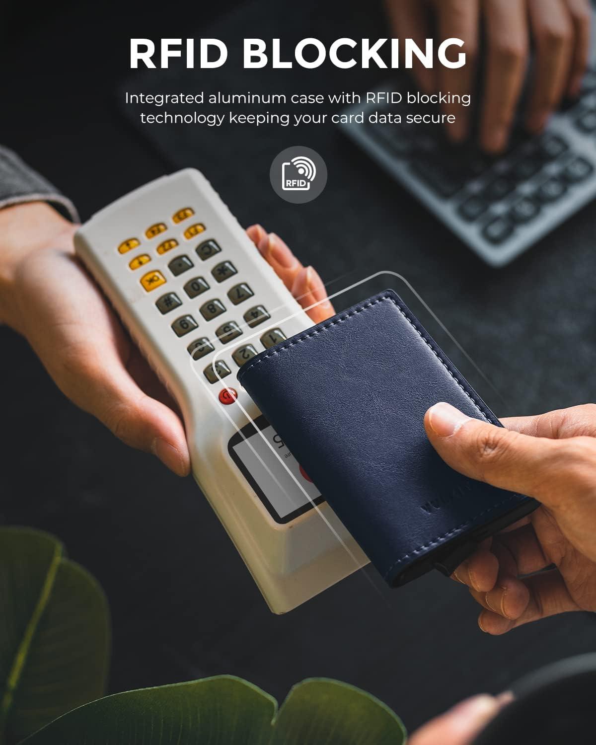 image:imageVULKIT Credit Card Holder RFID Blocking Leather Automatic Pop Up Wallet Aluminum Slim Pocket Business Card Casenavy