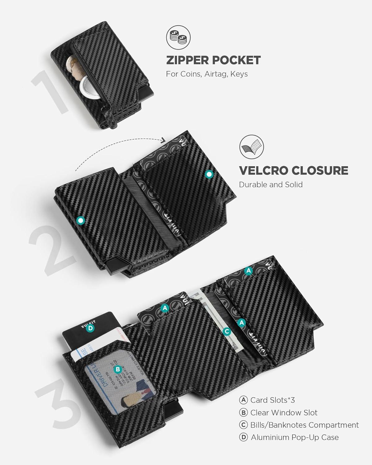 image:imageVULKIT Leather Smart Wallet for Men RFID Blocking with PopUp Credit Card Ejector Case ID Window CashBills Compartment and Coin Pocket Giftbox Packed Carbon BlackCarbon Black