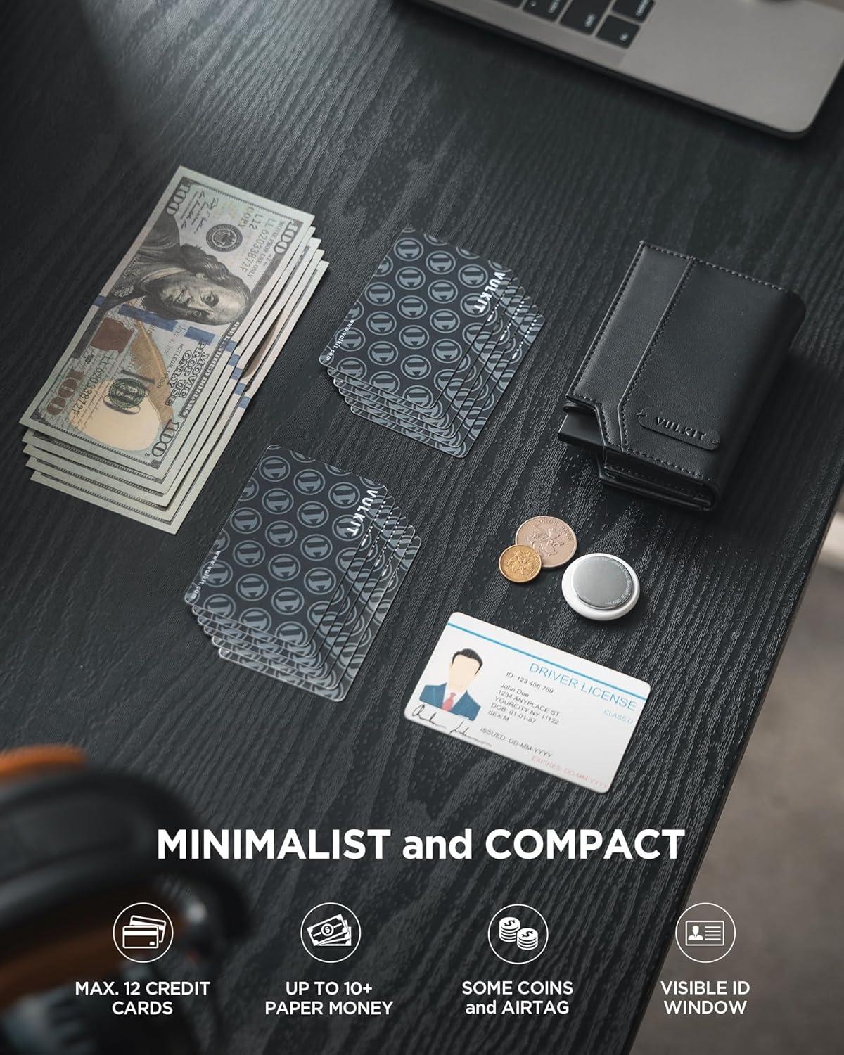 image:imageVULKIT Leather Smart Wallet for Men RFID Blocking with PopUp Credit Card Ejector Case ID Window CashBills Compartment and Coin Pocket Giftbox Packed Carbon BlackBlack