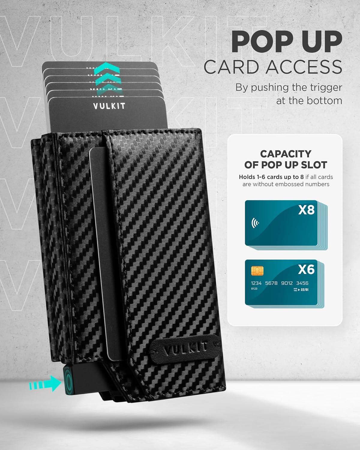 image:imageVULKIT Leather Smart Wallet for Men RFID Blocking with PopUp Credit Card Ejector Case ID Window CashBills Compartment and Coin Pocket Giftbox Packed Carbon BlackCarbon Black