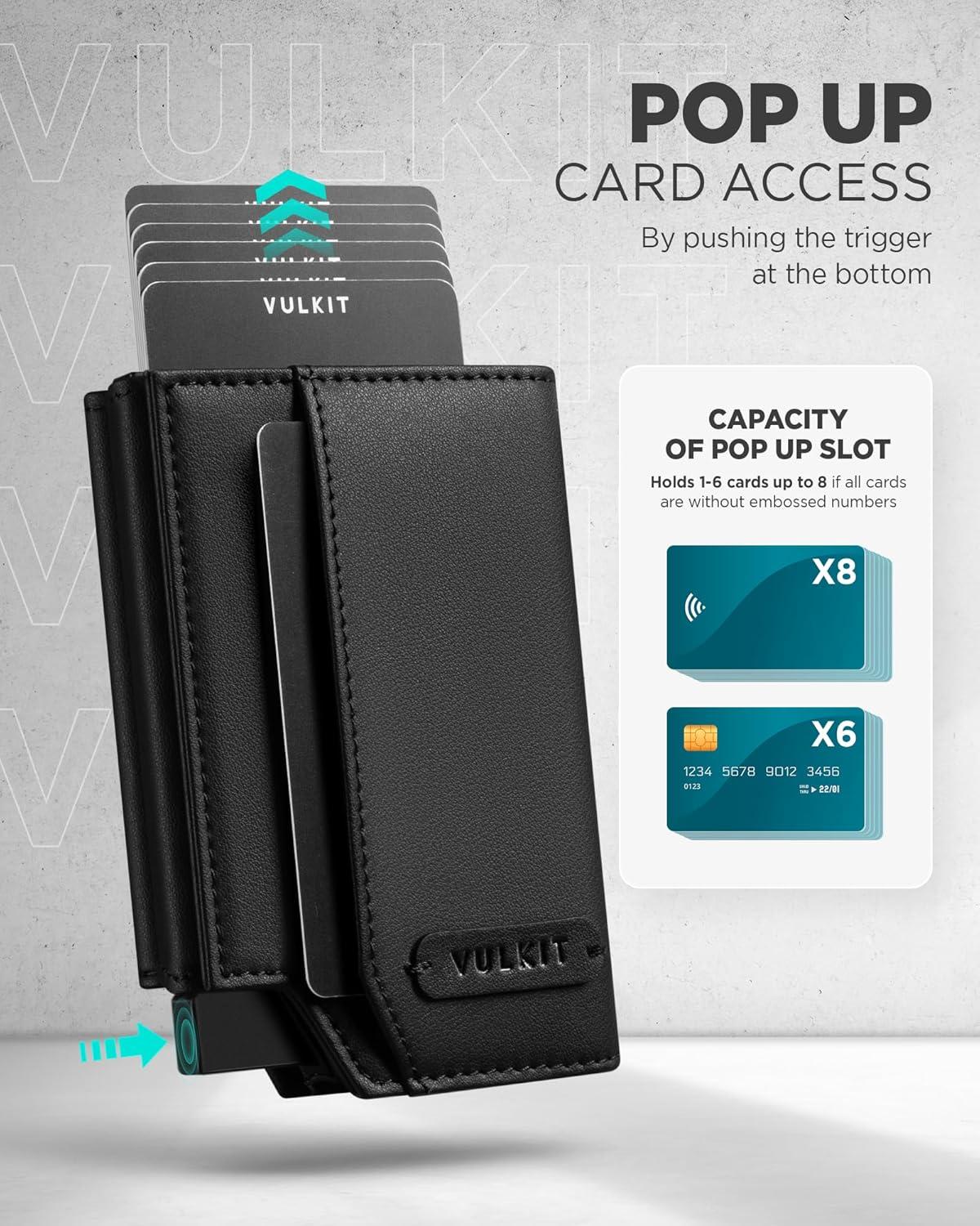 image:imageVULKIT Leather Smart Wallet for Men RFID Blocking with PopUp Credit Card Ejector Case ID Window CashBills Compartment and Coin Pocket Giftbox Packed Carbon BlackBlack