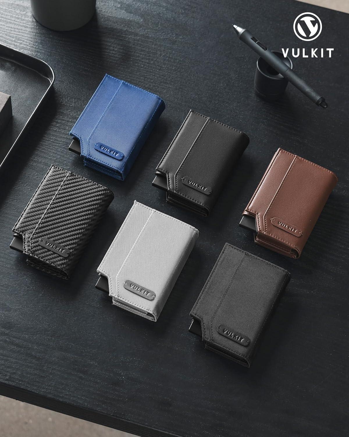 image:imageVULKIT Leather Smart Wallet for Men RFID Blocking with PopUp Credit Card Ejector Case ID Window CashBills Compartment and Coin Pocket Giftbox Packed Carbon BlackCarbon Black