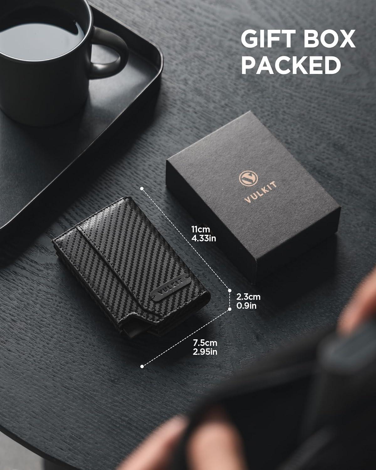 image:imageVULKIT Leather Smart Wallet for Men RFID Blocking with PopUp Credit Card Ejector Case ID Window CashBills Compartment and Coin Pocket Giftbox Packed Carbon BlackCarbon Black