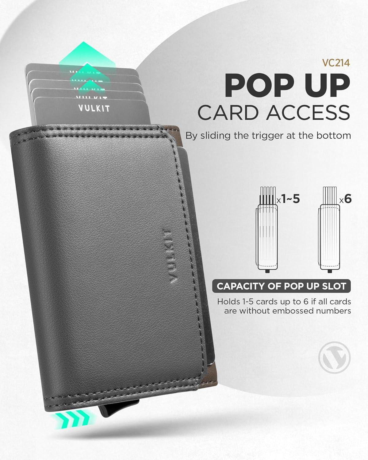 image:imageVULKIT Mens Leather Pop Up Wallet RFID Blocking with ID Window and CashBills Slot Gift Box Packed BrownGrey and Green
