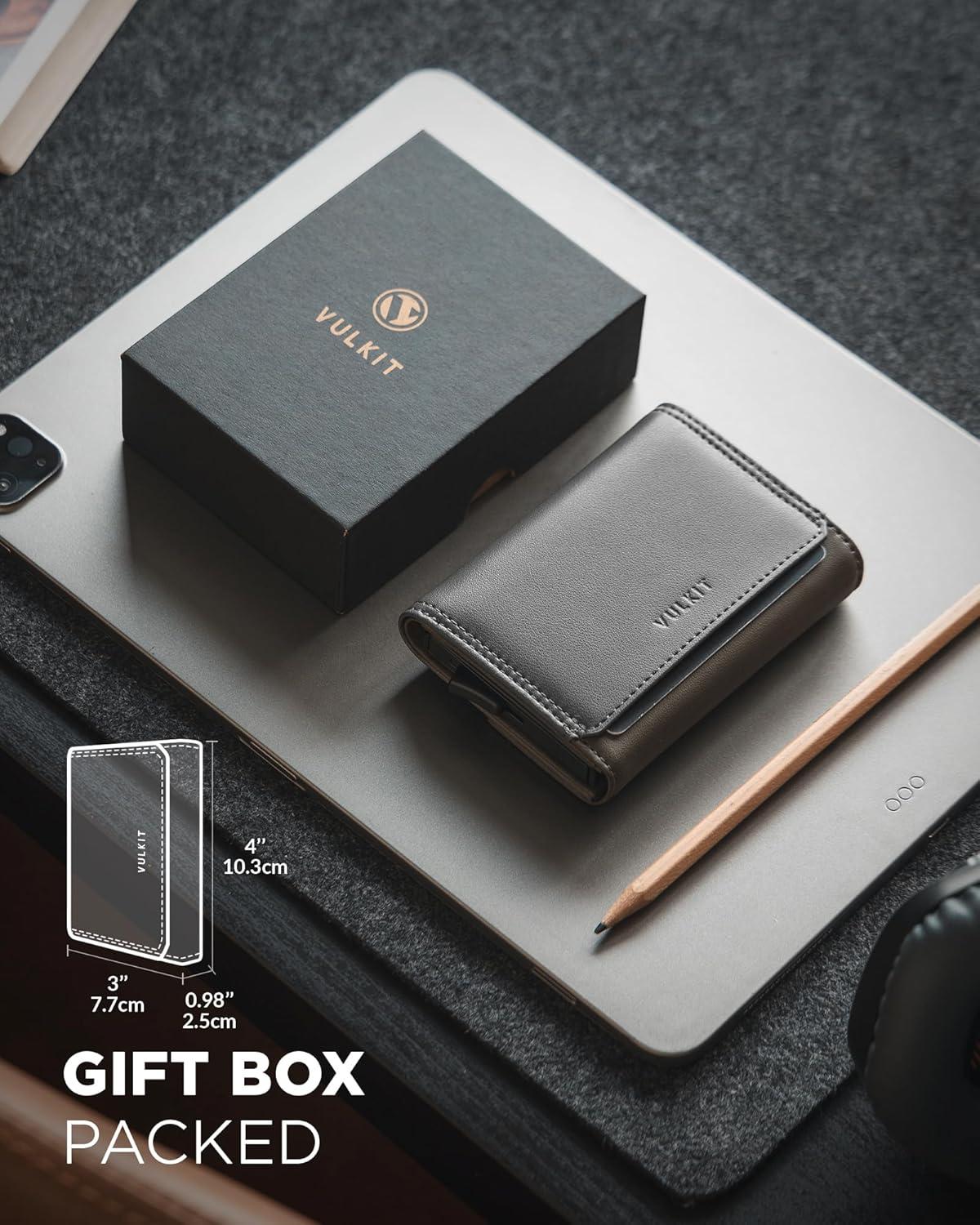 image:imageVULKIT Mens Leather Pop Up Wallet RFID Blocking with ID Window and CashBills Slot Gift Box Packed BrownGrey and Green