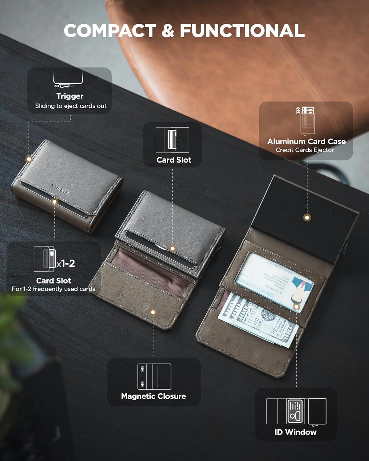 image:imageVULKIT Mens Leather Pop Up Wallet RFID Blocking with ID Window and CashBills Slot Gift Box Packed BrownGrey and Green