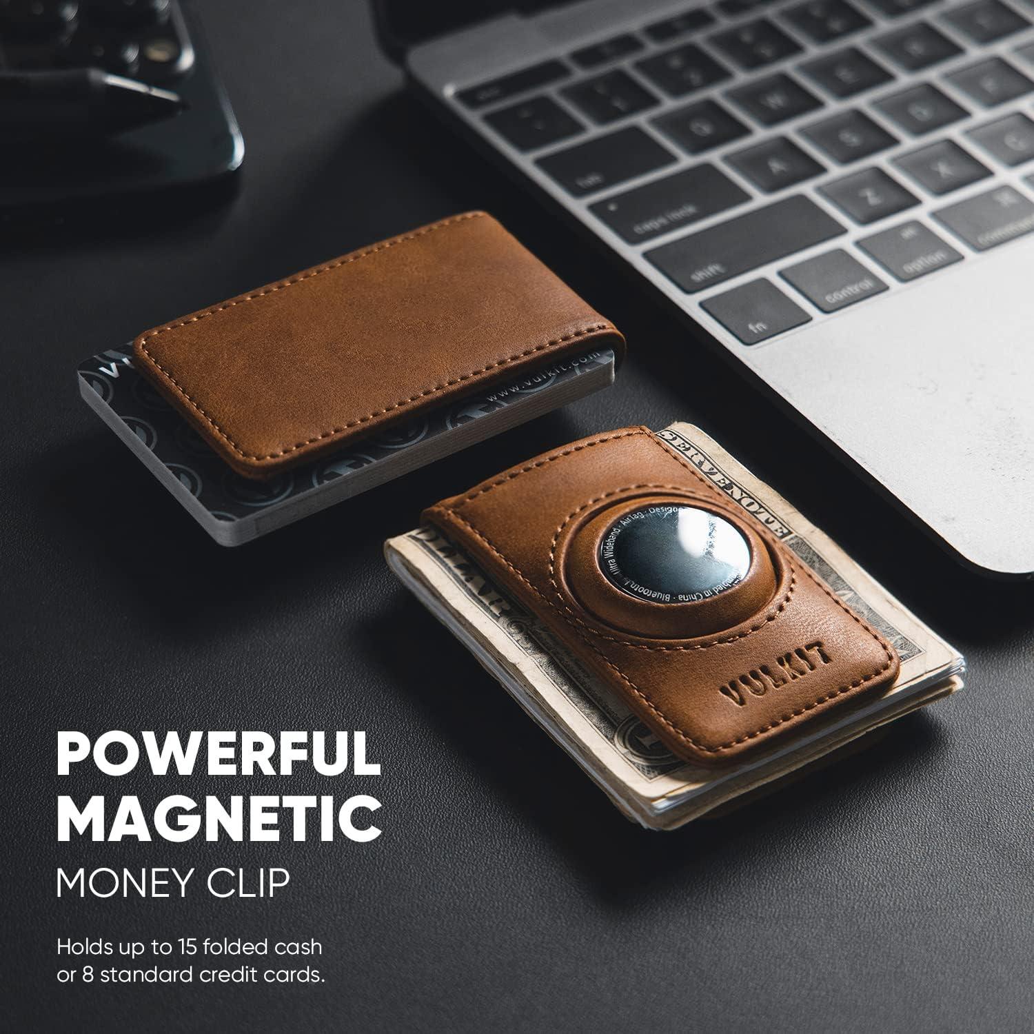 image:imageVULKIT Mens Magnetic Money Clip with Airtag Holder Airtag NOT Included Holds Up to 15 Cash or 8 CardsBrown