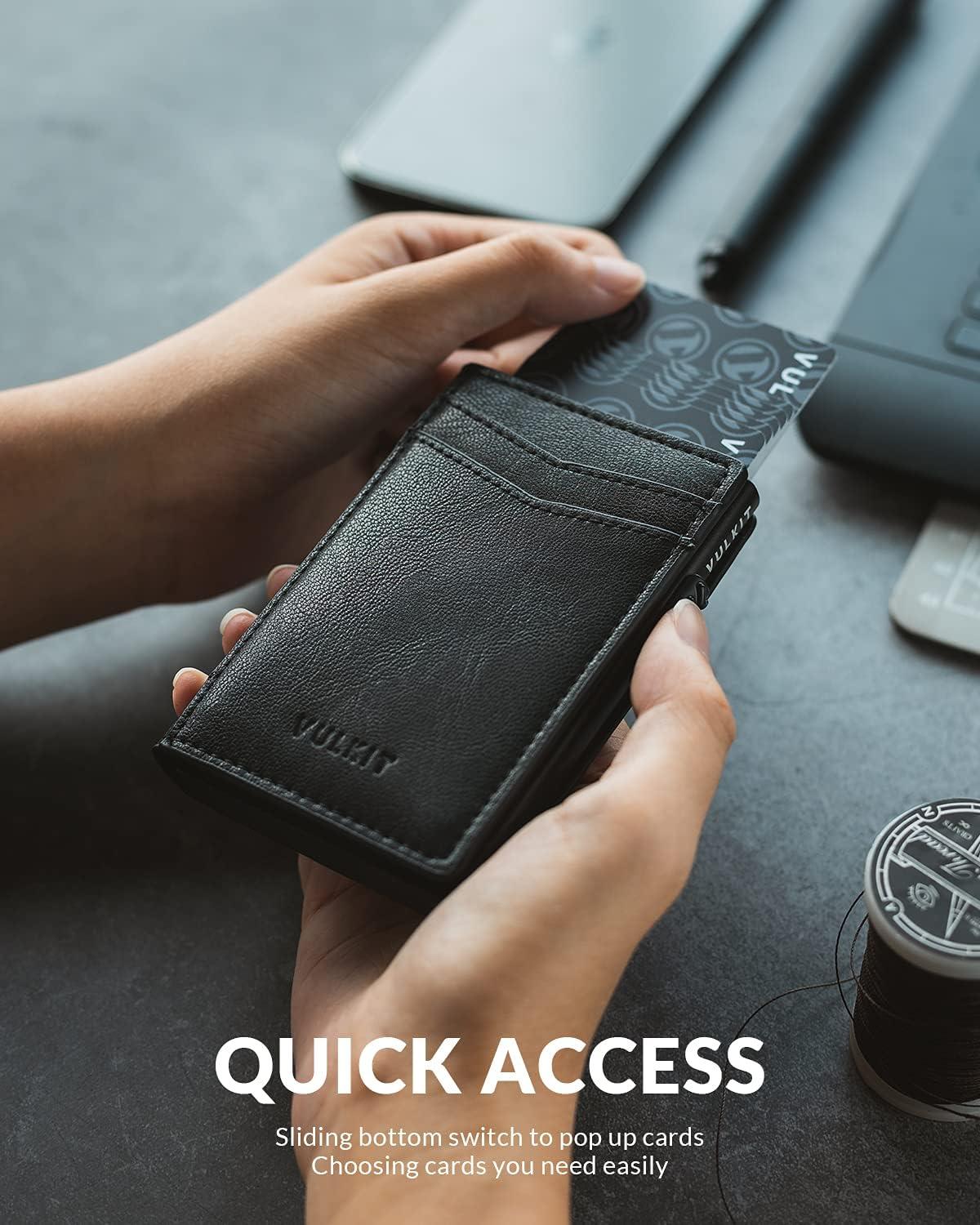 image:imageVULKIT Mens Slim Wallets Pop Up Card Holder RFID Blocking Metal Wallet Minimalist Design Holds Up to 11 CardsBlack