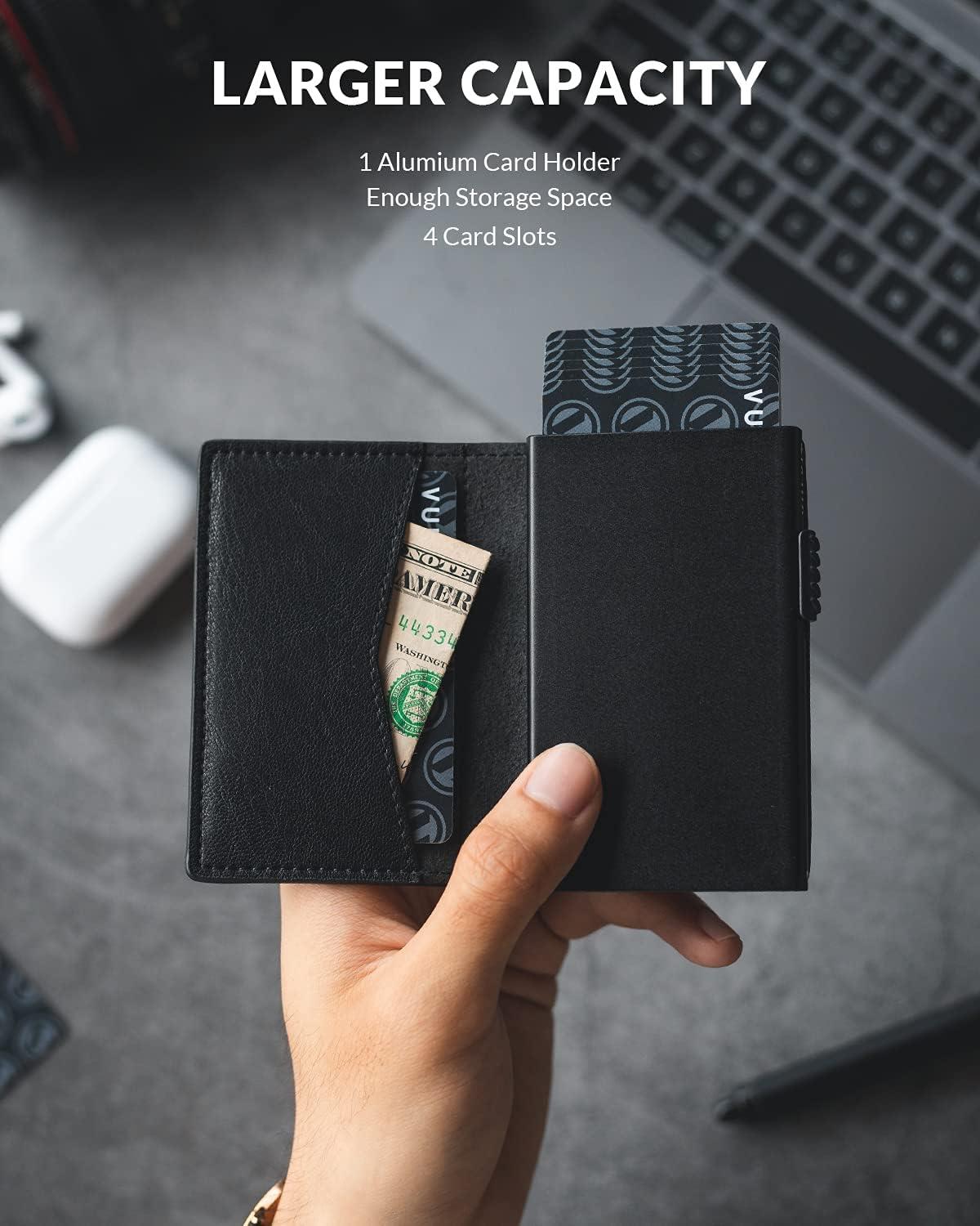 image:imageVULKIT Mens Slim Wallets Pop Up Card Holder RFID Blocking Metal Wallet Minimalist Design Holds Up to 11 CardsBlack