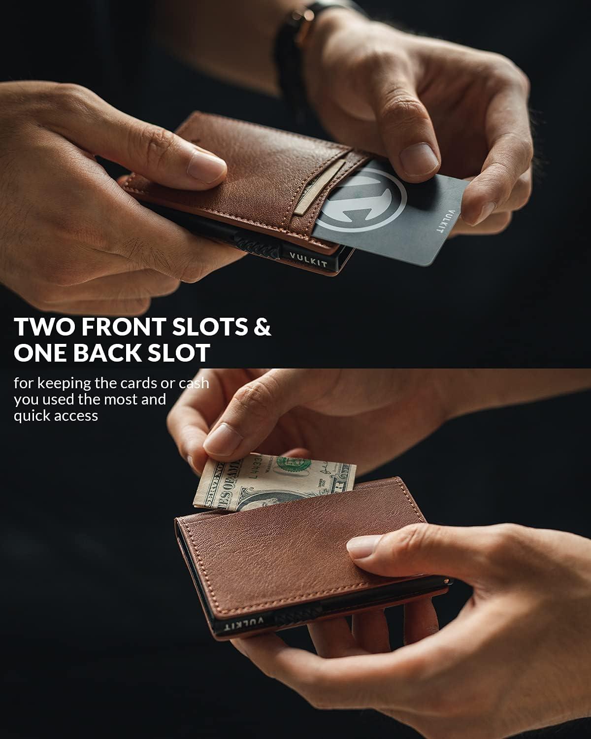 image:imageVULKIT Mens Slim Wallets Pop Up Card Holder RFID Blocking Metal Wallet Minimalist Design Holds Up to 11 CardsBrown