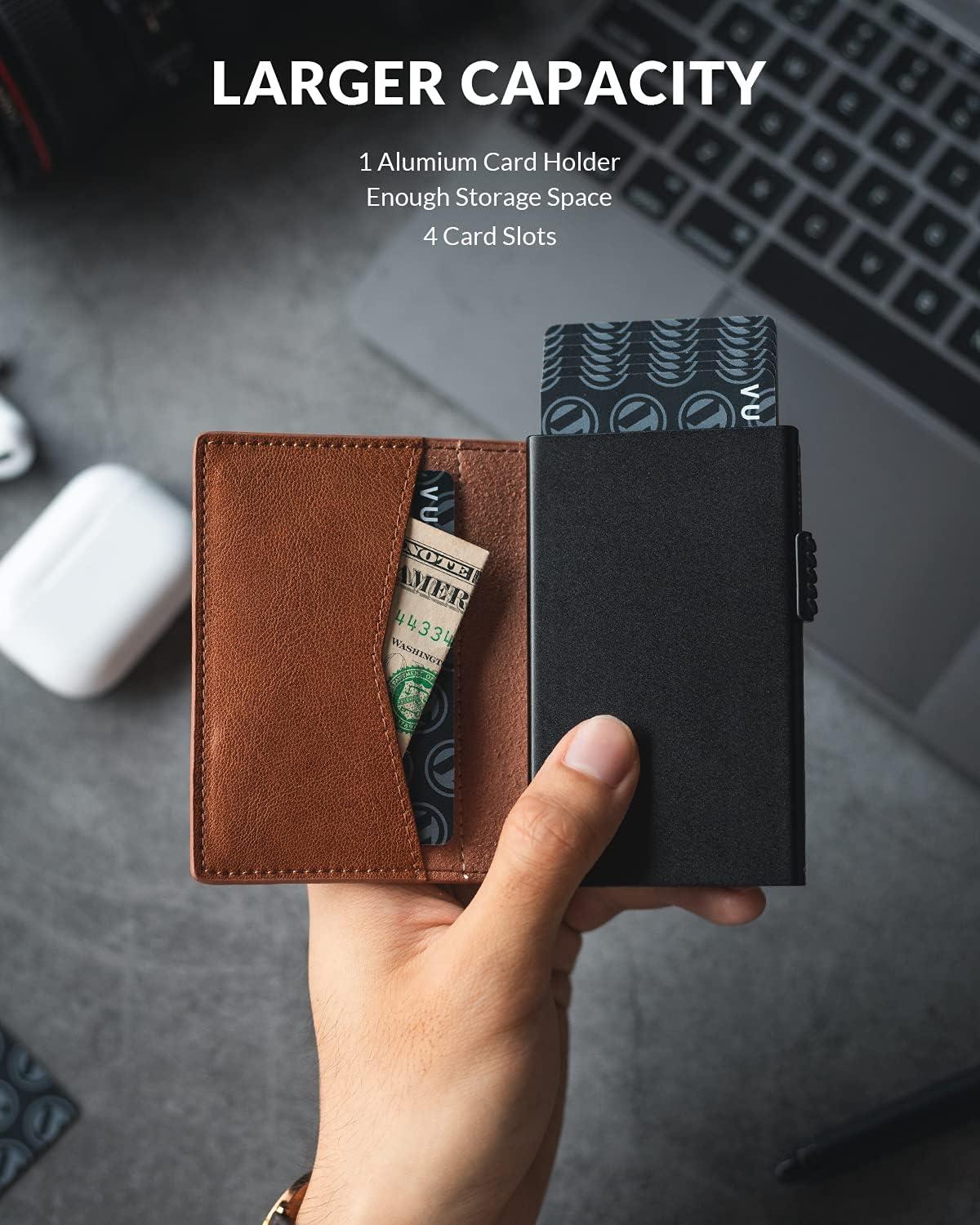 image:imageVULKIT Mens Slim Wallets Pop Up Card Holder RFID Blocking Metal Wallet Minimalist Design Holds Up to 11 CardsBrown